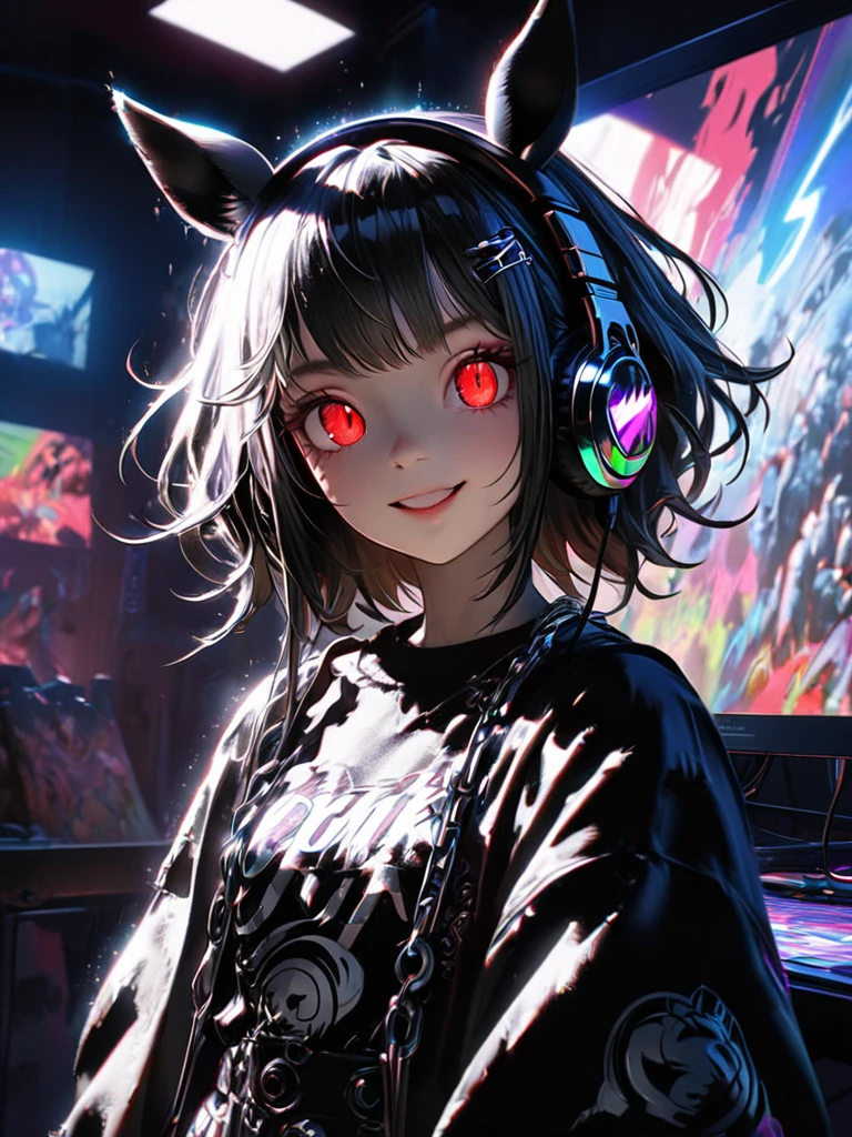 1 girl, chromatic aberration, Written boundary depth, Soft Light, masterpiece, Highest quality, complicated, Tone Mapping, Very detailed, Art Station, Concept Art, Smooth, Clear focus, Dramatic lighting, Very detailed artwork, movie, super practical painting, Art Station's trending, 8k, Incredible Shadows, practical, (Very detailed background:1.0), whole body, View, Viewers, Very detailed portrait of one girl 1, standing on street corner, Heavy rain and lightning、Dark Sky, neon and cyber punk background, she is dressed in punk clothing with silver chains and silver spikes, Her hair was dyed a bright black color.,The middle part is black, She wears headphones, Detailed red eyes with clear pupils, Ominous aura of light, smile, punk, ciber punk, Backlight.Has horse ears、Has a horse tail,Approaching the horse.No headphones needed、More Horses