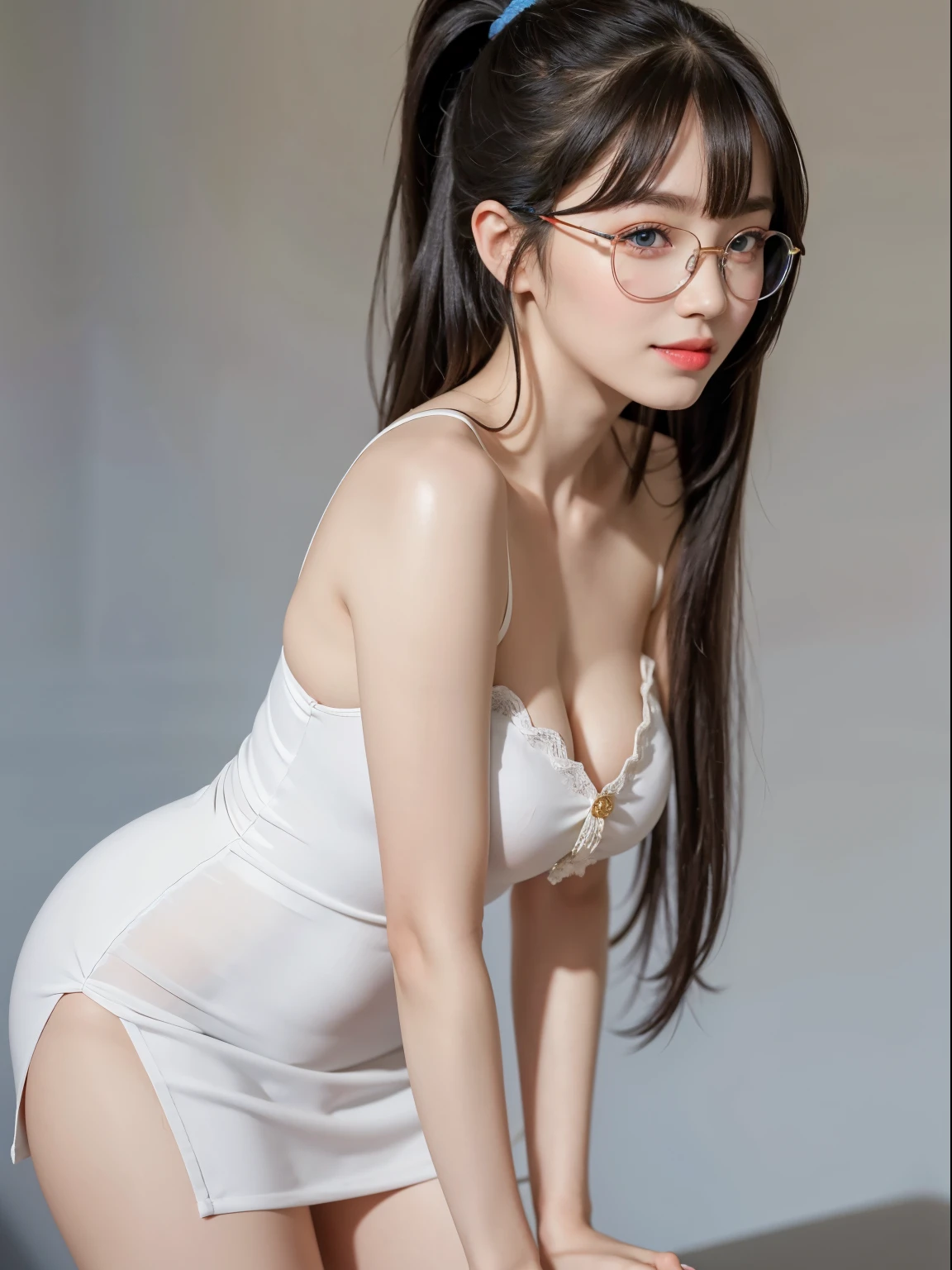 (Best quality, masterpiece, detailed), (RAW, 4k, hd images), shy, 1 girl, 17 years old, white skin, long hair, ponytail, layers hair, bangs, black hair, beautiful girl, cute girl, sweet girl, pretty girl, perfect girl, pretty eyes, blue eyes, thin lips, thin, eye line, perfect round breast, glasses(detailed frame), simple background, smile, thigh, legs, long dress, side angle capture, full body, standing, side breast