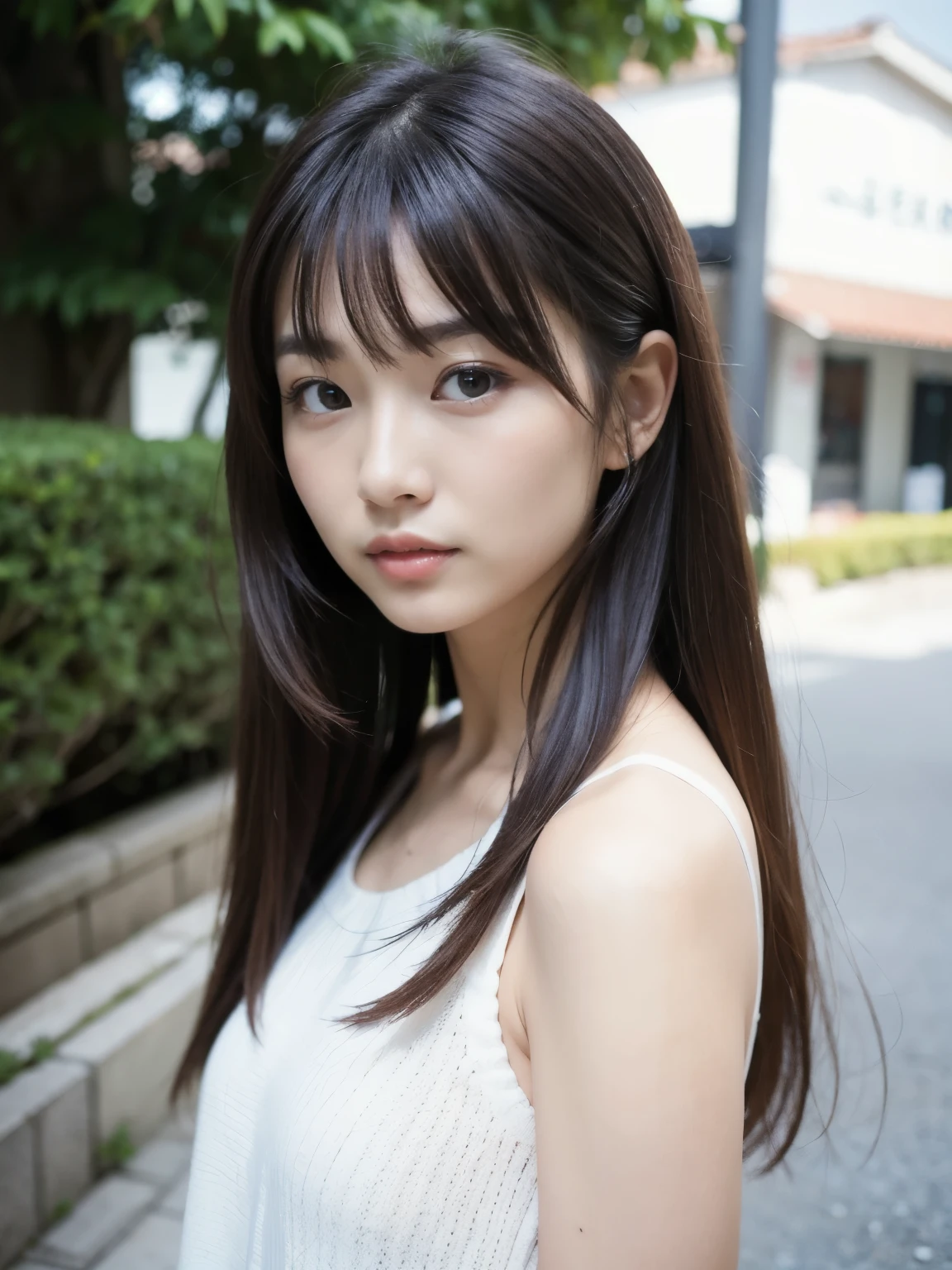 (top-quality、16K resolution) natural soft light、A Japanese Lady、Looking at the camera、Concrete background、Facing the front、is standing、long、Woman in her late s、Light bangs、Salon model、Natural look、portlate、floated hair、