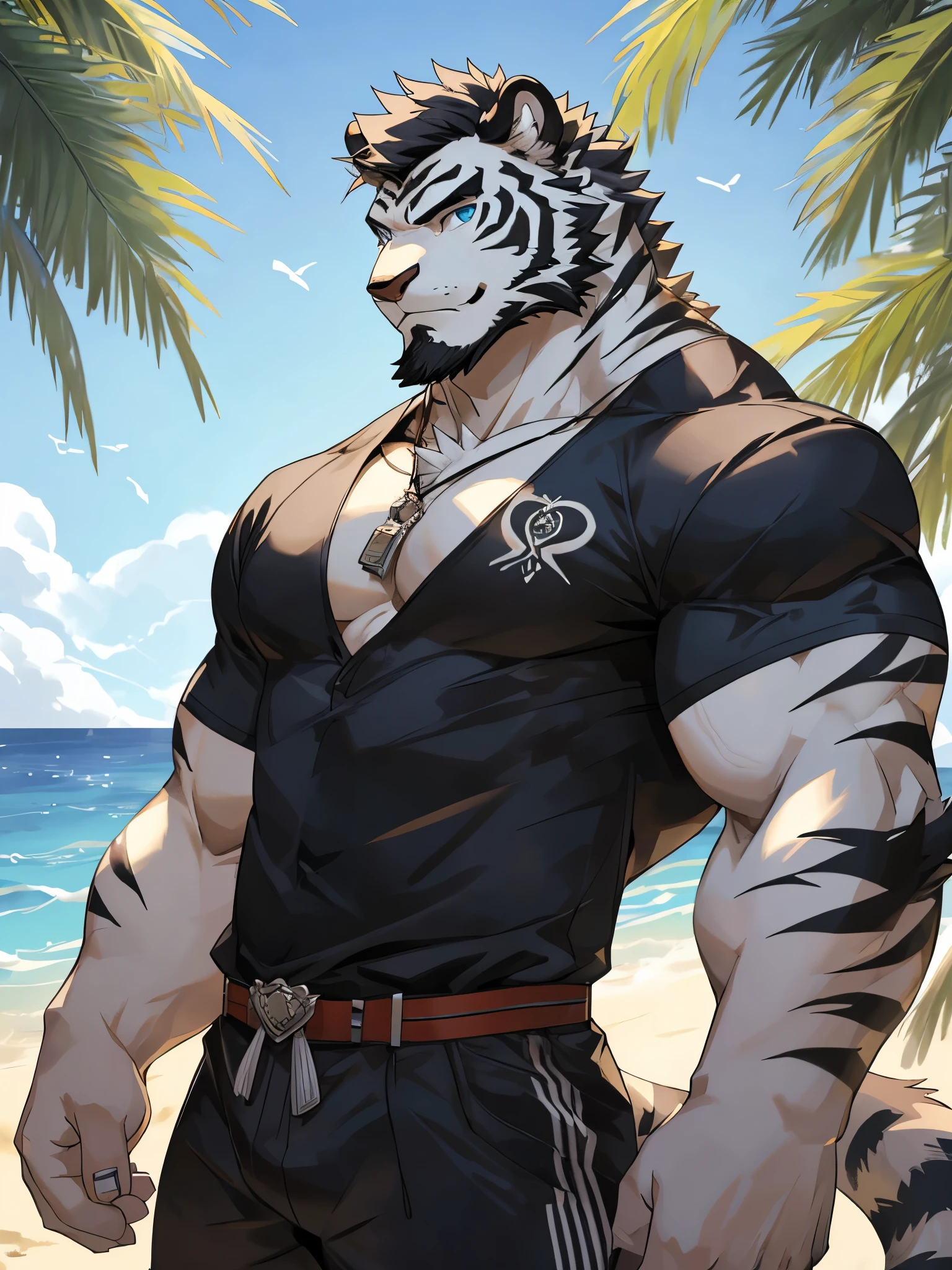 Masterpiece, Solo, Furry Black White Tiger, Blue Eyes, Medium Black Hair, Medium Black Facial Hair, Muscular Body, Cool Pose, Handsome, Good Looking, Adult, Fierce, Smirking, Summer outfit, summer background.