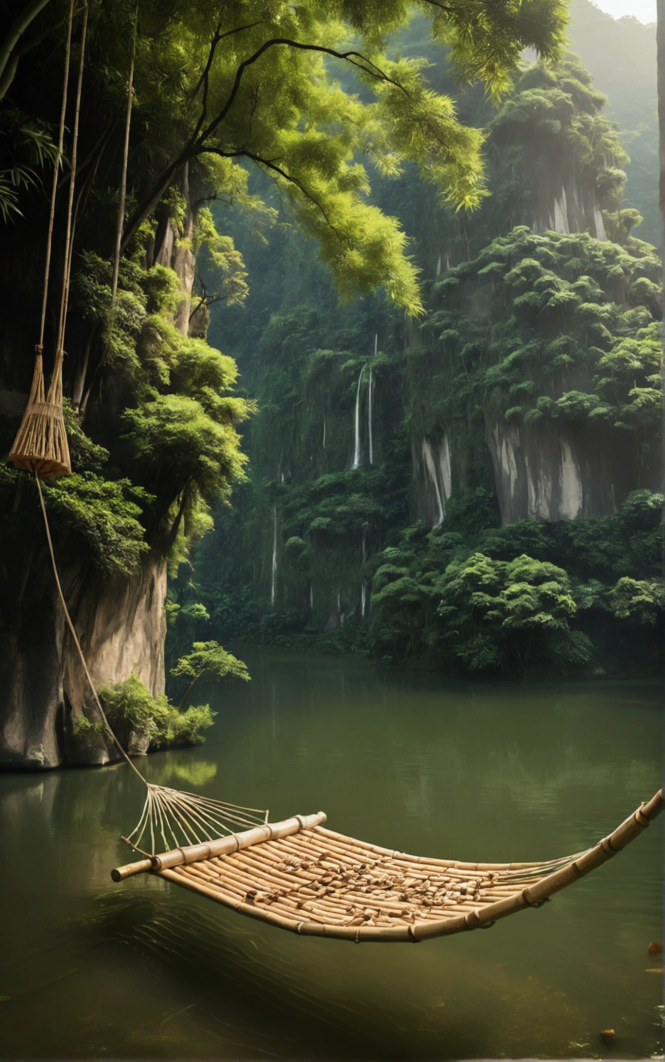 The image depicts a bamboo raft hanging from a rope, suspended in the air with a backdrop of a lush green landscape and winding rivers.