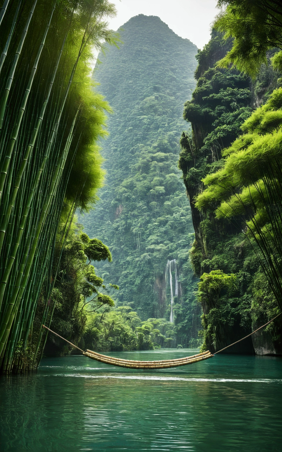 The image depicts a bamboo raft hanging from a rope, suspended in the air with a backdrop of a lush green landscape and winding rivers.