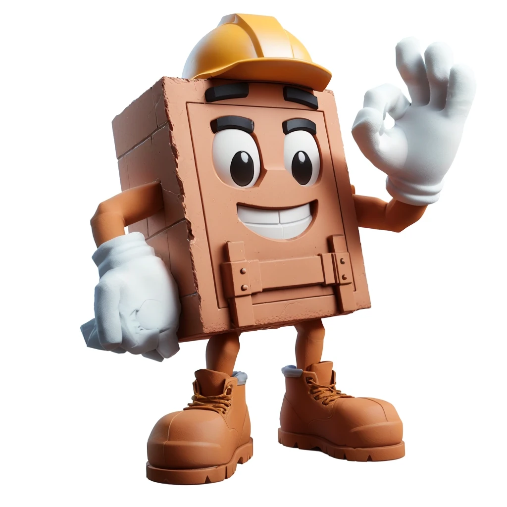 create a mascot in 3d render style, shaped like a brick made of ceramic, with arms and legs, wearing construction worker gloves and boots, making cool sign and with white background