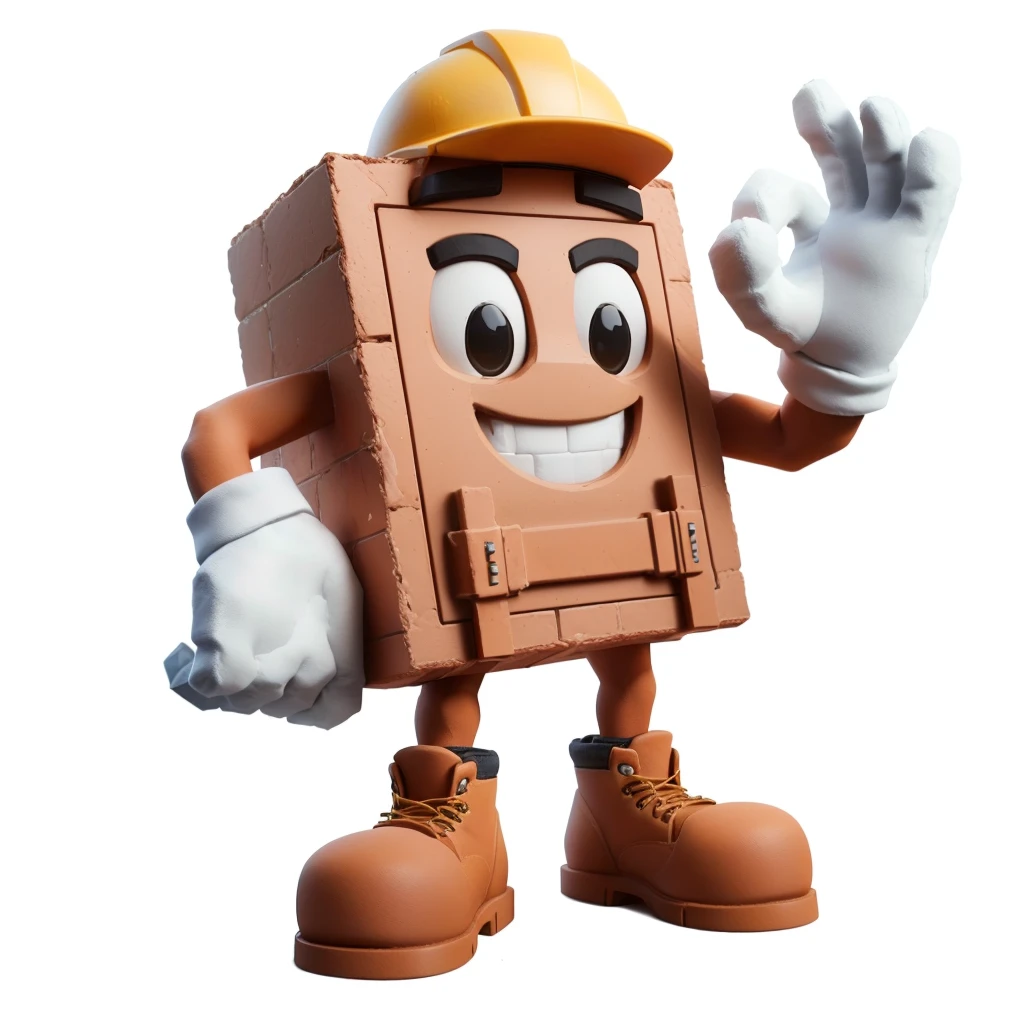 create a mascot in 3d render style, shaped like a brick made of ceramic, with arms and legs, wearing construction worker gloves and boots, making cool sign and with white background