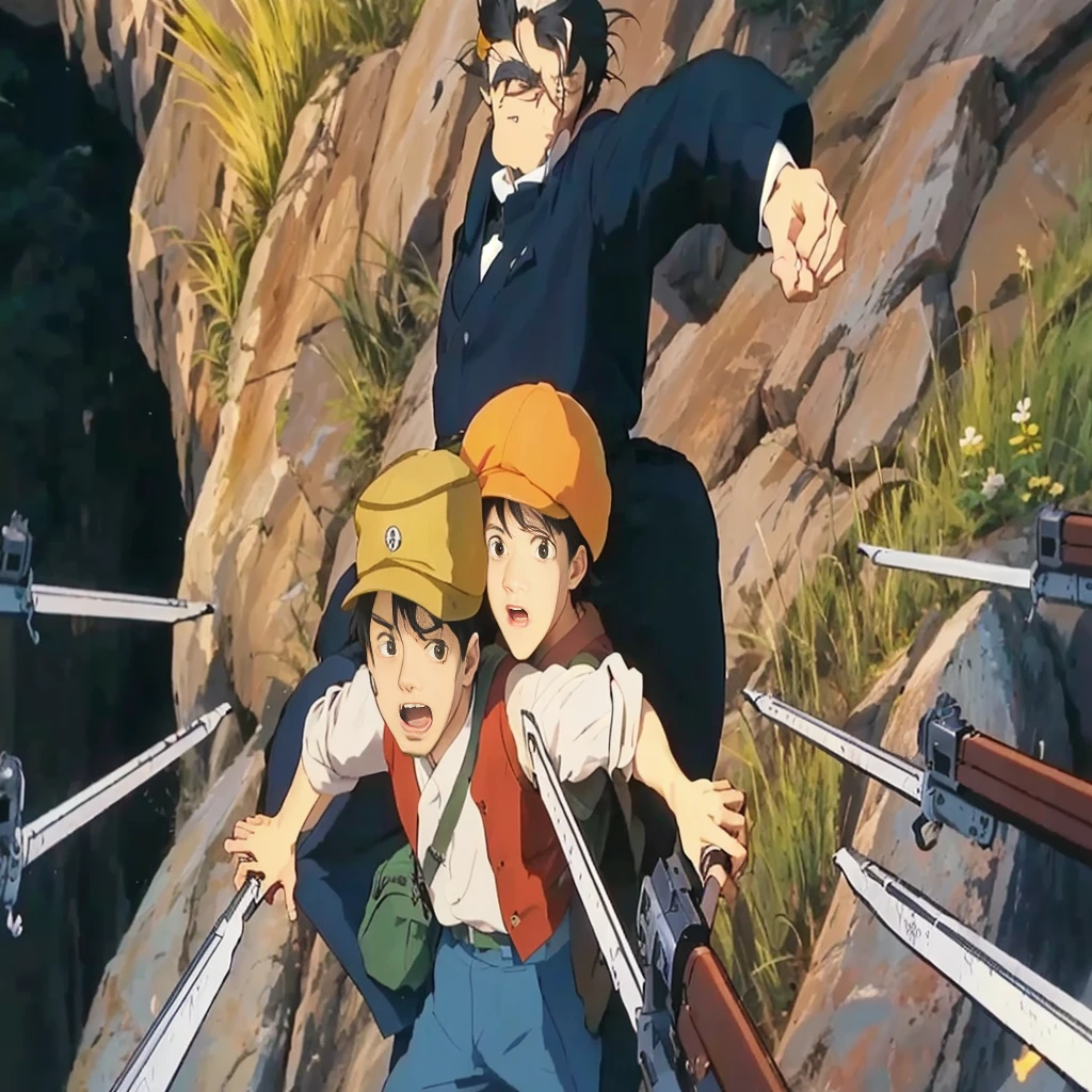 Animation scene of a man with a gun and two boys on a bridge, Miyazaki anime films, Miyazaki Movies, Ghibli anime style, Studio Ghibli Anime Screenshots, Miyazaki Movies, Miyazaki Movies scene, Anime movie screenshots, Studio Ghibli anime films, Medium Shot. Hayao Miyazaki, Ghibli anime movies