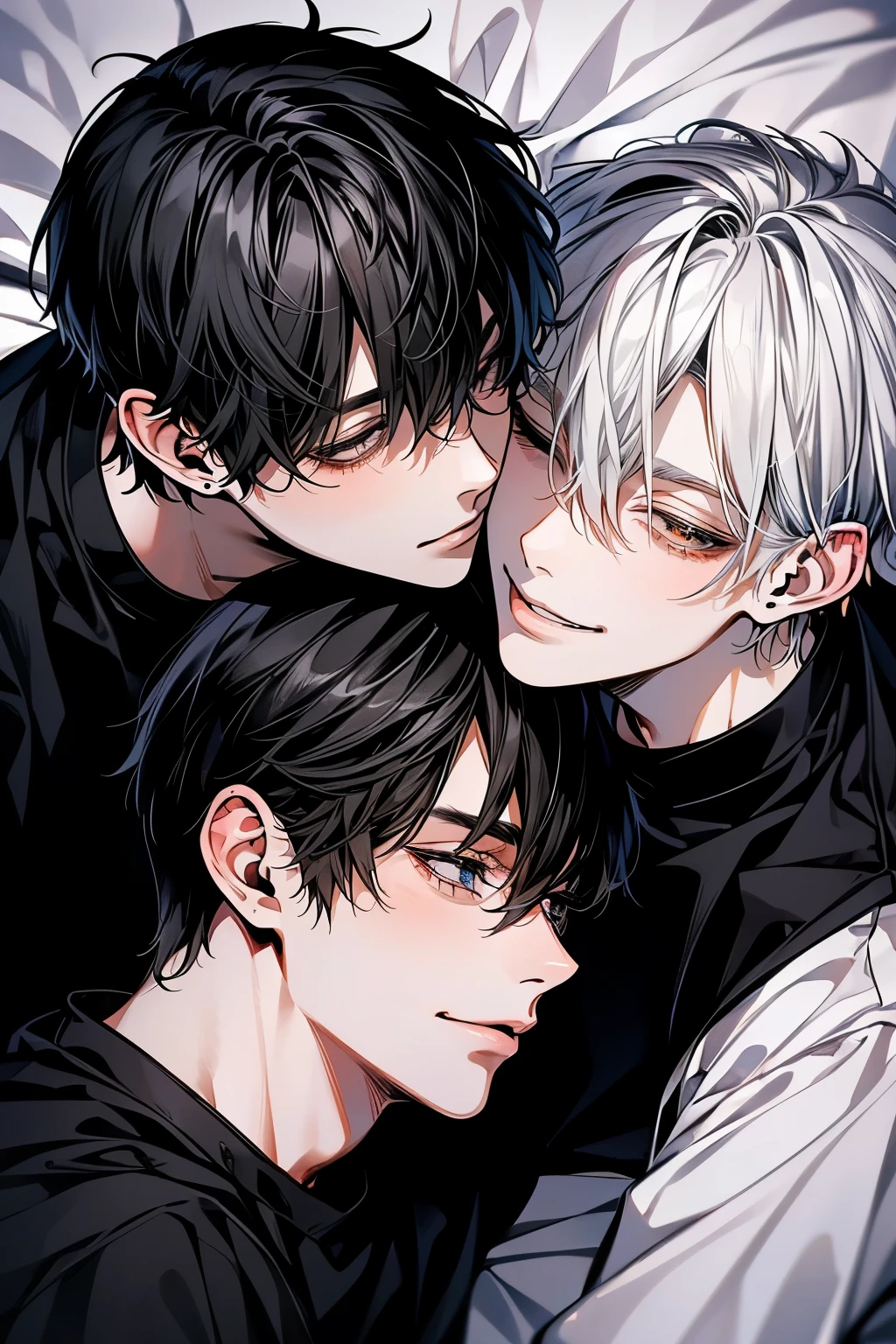 (Mastepiece), (Best Quality), Very detailed, ((Two men kissing on the cheek)), Perfect Face, (Happy Face:1.3)、Beautiful Face, Very detailed顔,(One black-haired man:1.3),(One white-haired man:1.3),T-Shirts、smile、bed
