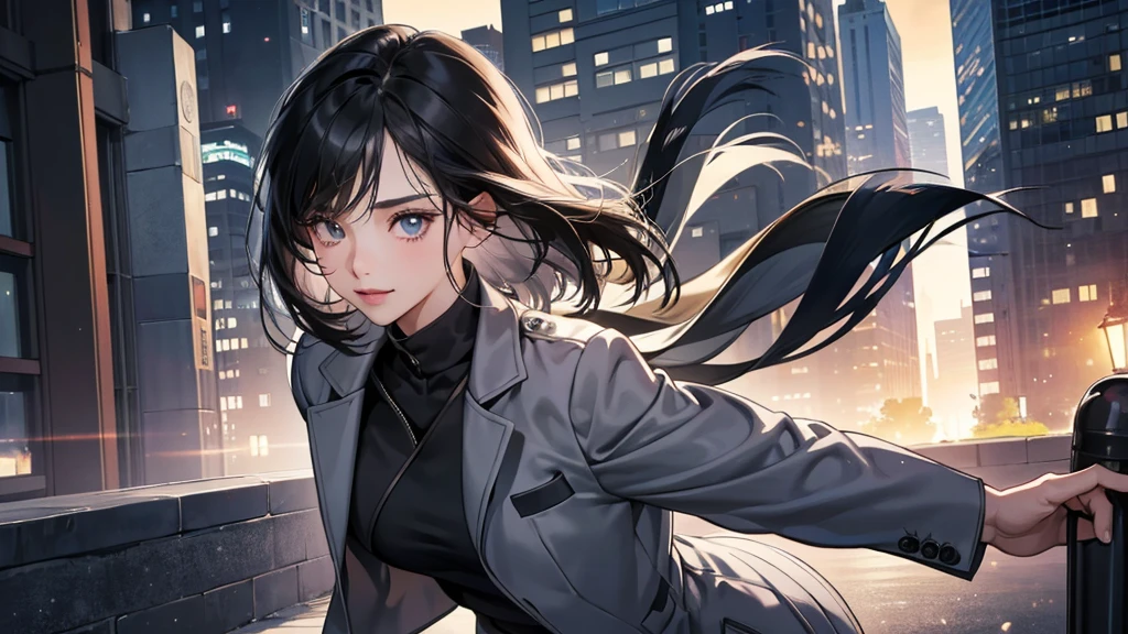 (perfect anatomy:1.2)(absurdres, highres, ultra detailed),masterpiece,best quality,high resolution,8k,Realistic face,Realistic skin texture,magnified textures, stunning clarity,detailed anime girl,(ultra detailed eyes and face),(1 girl:1.7)21years old,she is office worker,,smile:1.2,black hair, bob cut,natural make,grey jacket and pants,black brouse,,sparkling eyes.small nose,roundface、just left the office when it was time to leave,night, bussines district,she is walking,happy,she just leave her company,upper body