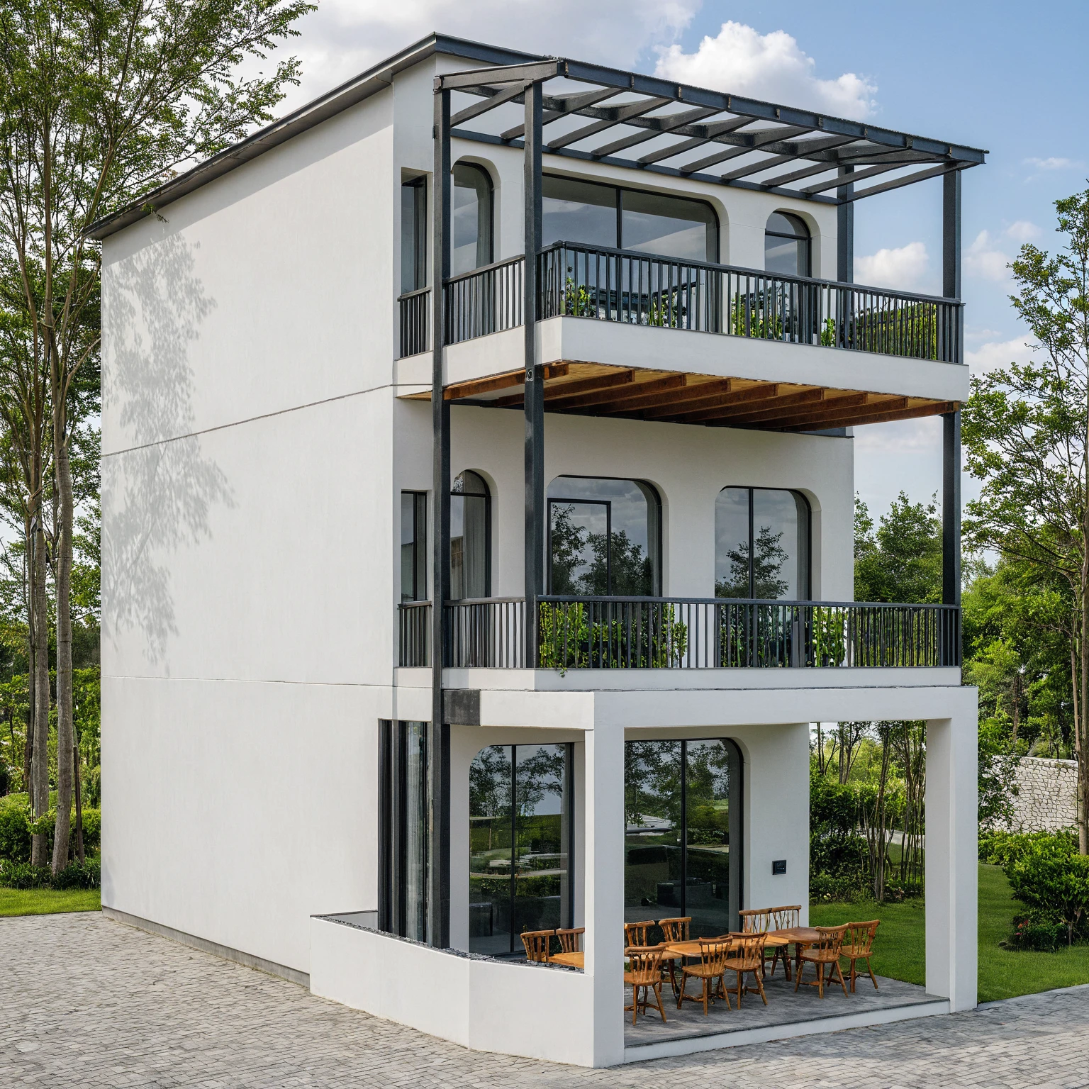 Masterpiece, high quality, best quality, authentic, super detail, outdoors, onestoreyvillaXL, aiaigroup, house style modern on the street ,stairs, white wall ,road,pavement, grass, trees, sky, cloud, (daylight:1.1)
