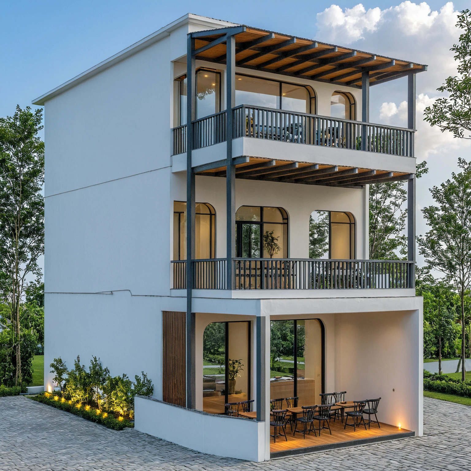 Masterpiece, high quality, best quality, authentic, super detail, outdoors, onestoreyvillaXL, aiaigroup, house style modern on the street ,stairs, white wall ,road,pavement, grass, trees, sky, cloud, (daylight:1.1)