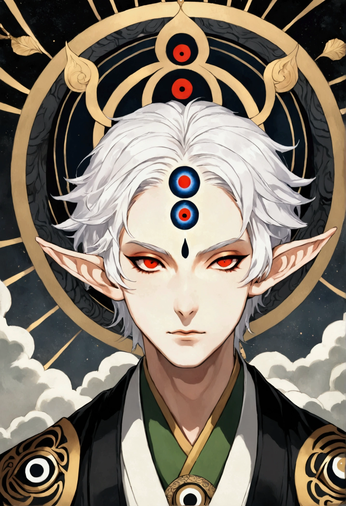 Dark illustration,(((1 Prince,独奏,third eye on the forehead,Dark eyeshadow.Middle-parted white hair-super short hair,Elf ears))),(((Japanese clothing:1.6))).whole body