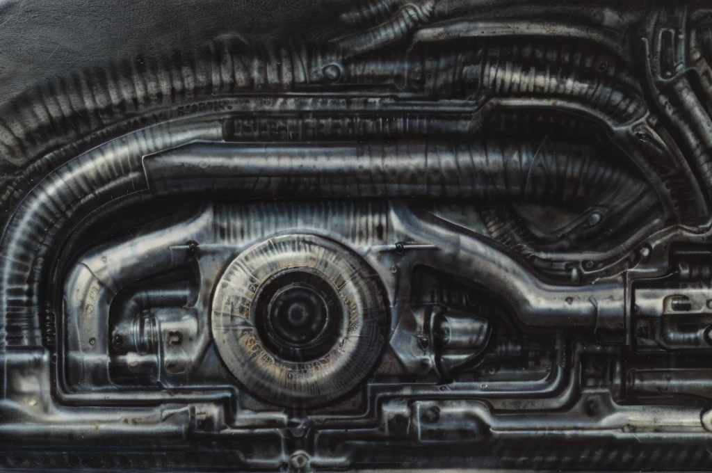 g1g3r, The image is a detailed view of H.R. Giger's biomechanical tableau \" LANDSCAPE No 312 \" plate, featuring
a complex, intricate, and detailed design of endless Machine in the transit spaceover the cascade of fallen water, that appears to be a fusion of organic and mechanical elements, with a focus on the interplay between the two.The piece is a tableau, most likely created with a India ink pen or pencil on paper, determined by the thin lines, shading techniques, and the texture of the paper, which is visible around the edges.
Used is pen, given the shading and variations in line weight visible in the image. Artist have used a variety of stylus with different degrees of hardness to achieve the shading effects.
The use of undersaturated green-grays dark contrasts creates a stark and graphic look. Is used a variety of linework techniques to create different textures. Fine, parallel lines create a smooth, metallic texture,while thicker, more cursive lines suggest cables or wires.
Light source from the top highlights skeletals, pper part of foreground, lower part of image is in shadowupper part of foreground, lower part of image is in shadow.
The art performance showcases the artist’s skills in observation and rendering. The level of detail in the piece suggests a close study of real bone specimens and mechanics. The artist has skillfully used shading techniques to create a convincing illusion of three-dimensionality on a flat surface. The wrinkles and cracks in the surface, and the cast shadows with accuracy, used shading techniques to create a realistic depiction of light and shadow on the objects. This creates a sense of depth and dimension in the image. The artist has used careful linework to depict the contours and textures in the piece
Sharp focus on foreground elements illustration. Deep and delicate DOF. Big painting. Stored in Louvre masterpiece, ooze soaked pajama top