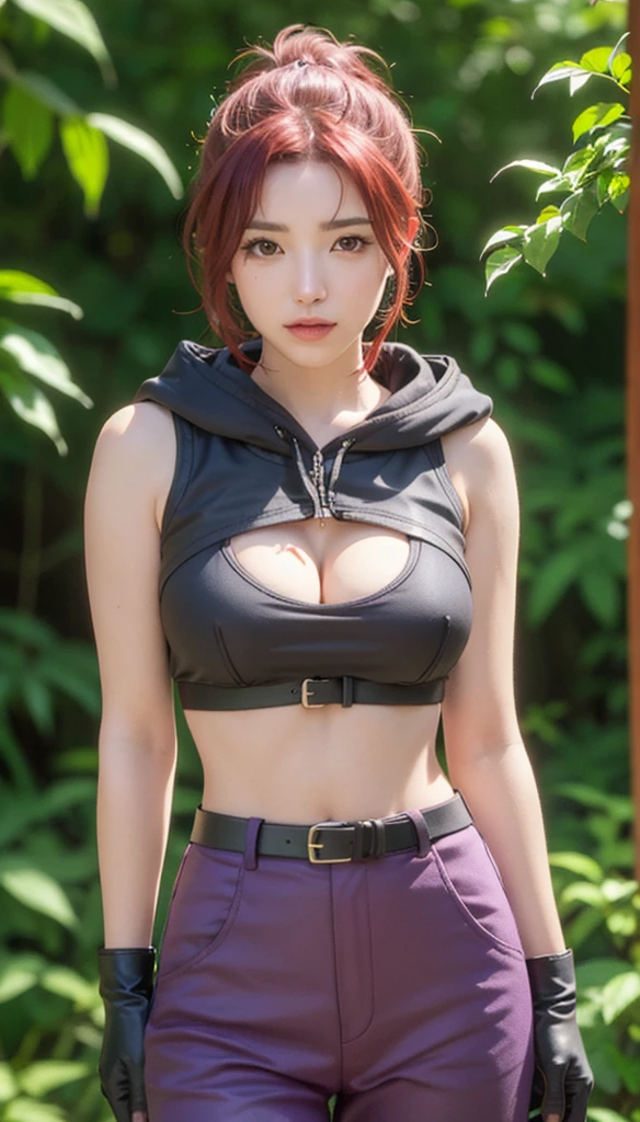 photorealistic, (4k), depth of field, (Masterpiece), (realistic skin texture), extremely detailed, intricate, hyper detailed, professional photography, bokeh, high resolution, sharp detail, best quality, woman, short ponytail, red hair, red eyes, (purple top:1.3), cleavage cutout, shoulder cutout, hood down, green pants, fingerless gloves, leather belt,  sneaking in forest, (lush vegetation:1.5), bushes, trees, leaves,