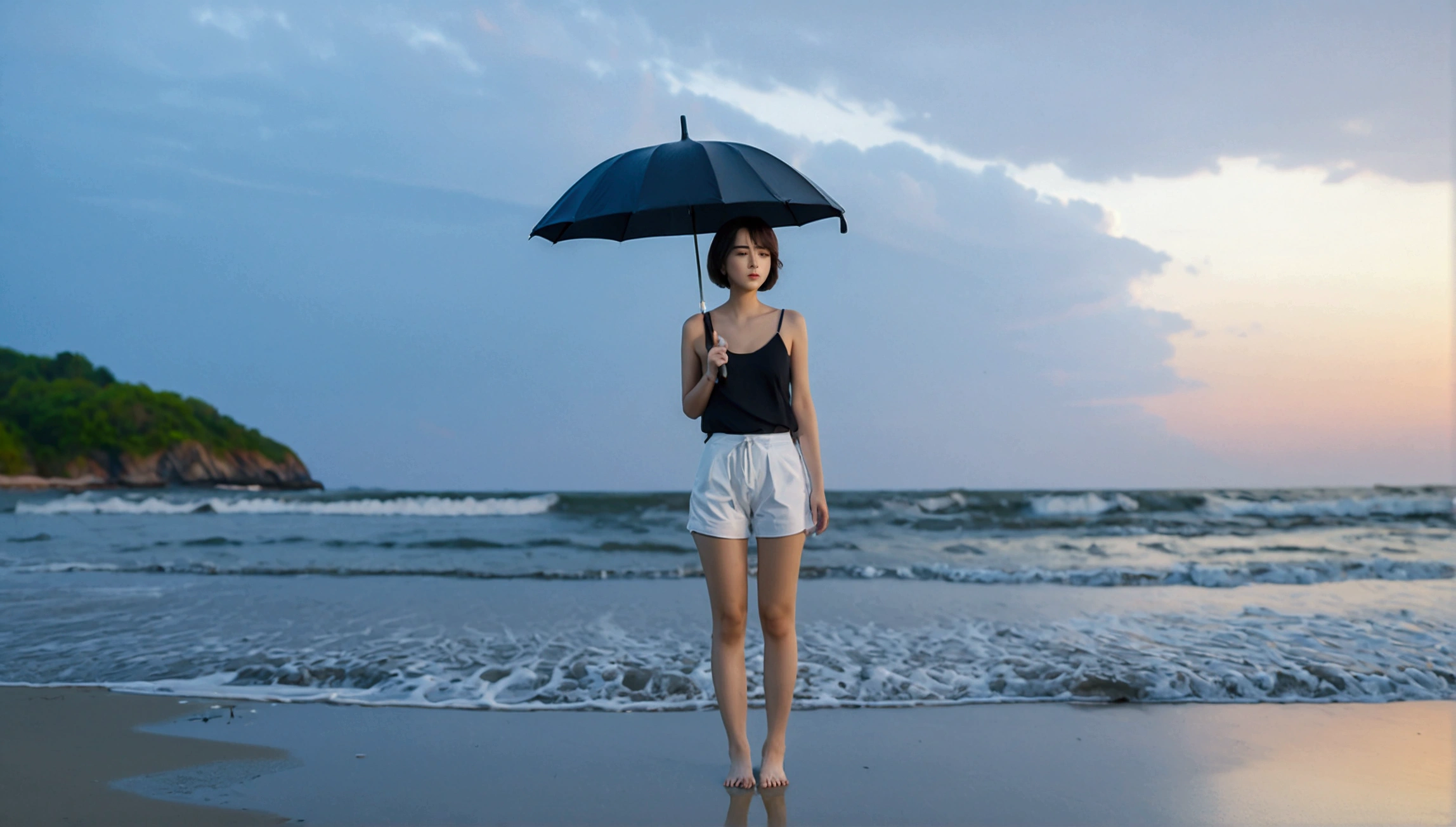 8k, Vivid picture quality, Vivid picture quality, long deserted beach, Full body shot from a distance with a wide angle lens, Short hair, beautiful appearance, Model-like body, Short and slim Korean woman, sunset의 붉은 빛, sunset, alone, afternoon, depressed, tide가 밀려온다, rain, medium size black umbrella, ocean, tide, wind, Clear picture quality, tower, White shorts, Looking to the side with a black umbrella, Short hair