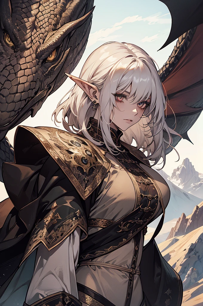 Female dragon, medium hair, eye white, Defined physique, medieval clothes, scales and pointed ears, medieval tattoos, on a mountain, extreme detail, dynamic lighting.