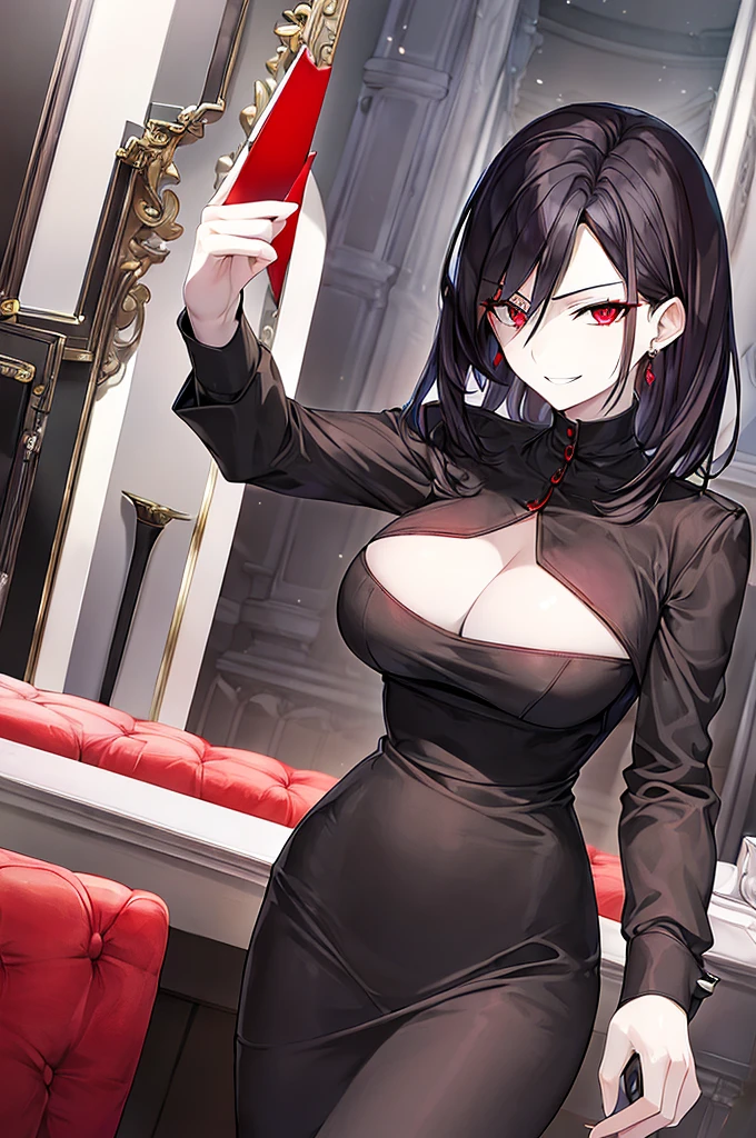 masterpiece, best quality, noir style adult woman, best quality, pale skin, bright red eyes, short black hair arranged, short air, arranged, straight hair, black suit, white shirt tucked in, dark red tie, friendly look, side look, eyes looking ahead. mischievous smile, malice.