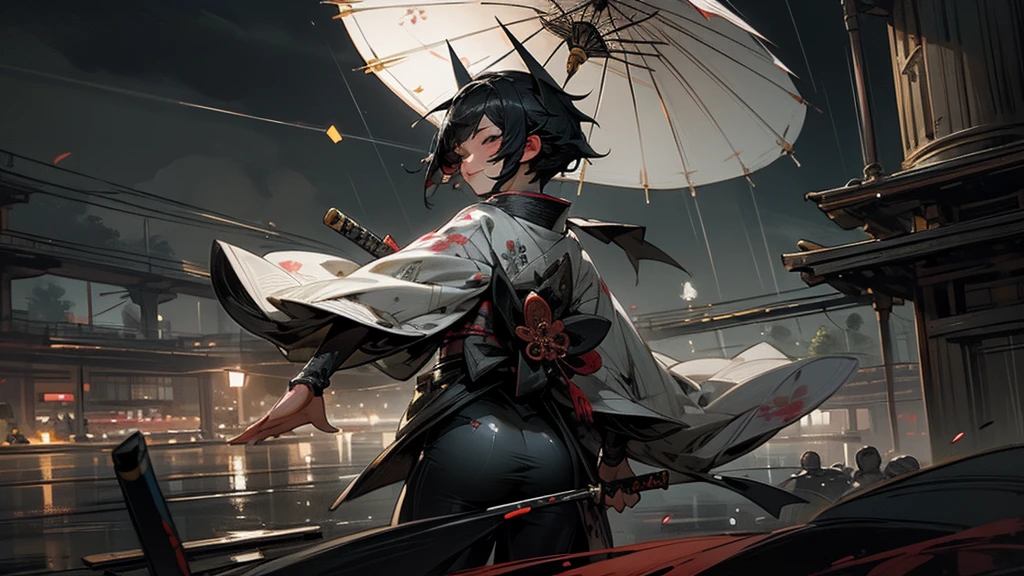 masterpiece,Highest quality,Ultra-fine illustrations,Very detailed,Beautiful background,Perfect Face,Perfect hands,Dynamic Angle,Ink painting style,ass pov,Dynamic Scene,kimono,knife,short hair,rain,battlefield,Beautiful background,Fearless Smile,Ii Slash


