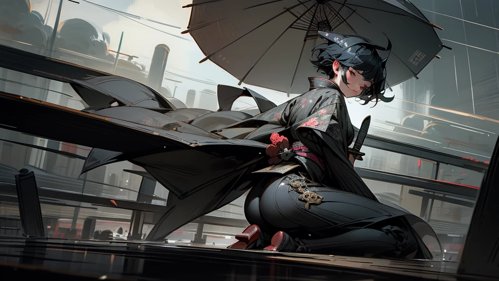 masterpiece,Highest quality,Ultra-fine illustrations,Very detailed,Beautiful background,Perfect Face,Perfect hands,Dynamic Angle,Ink painting style,ass pov,Dynamic Scene,kimono,knife,short hair,rain,battlefield,Beautiful background,Fearless Smile,Ii Slash