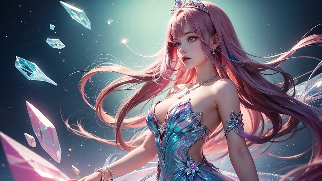 Highest quality,masterpiece,16K,One girl, bangs, Exposing shoulders, chest, Crown, crystallization, dress, From the side, gem,Colorful crystallizations,Crystal Headwear,There are many crystallizations on the clothes,Colorful Gradient Hair,カラフルなdress,Colorful crystals floating,Body crystals,Crystal Necklace,Colorful crystallization decoration,crystalline girl, Gradient Hair, jewelry, Long Hair, compensate, medium chest, Multicolored Hair, Pink Hair, alone, tiara