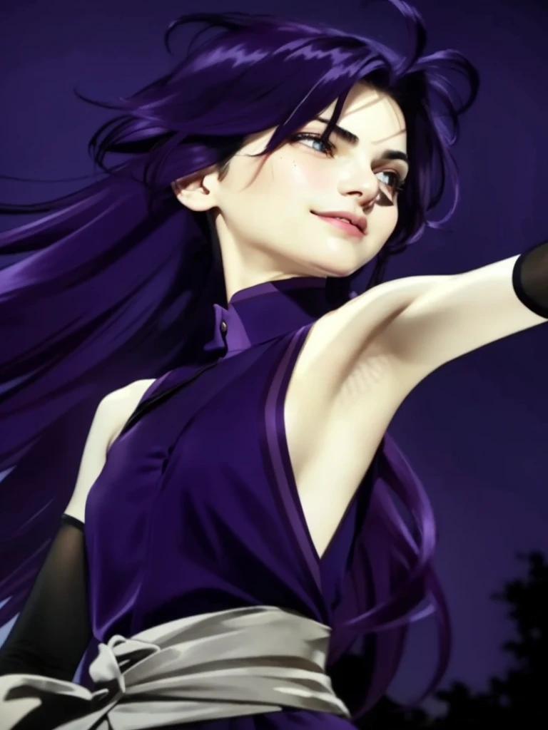 realistic, masterpiece, cinematic lighting, 8K, real life, real image details, intricate details, perfect color details, high brightness, medium contrast, hair shape details, eye image details, face shape details, real shining skin, a beautiful girl, , long purple hair, middle bangs hair type, very neat hair shape, oval face shape, face blush, thin purple eyebrows, purple eyes, pink lips, open mouth, smiling, laught, hiss, short purple collared sleeveless shirt, open buttoned shirt, sexy body, wet body, showing big chest, nipple, smooth armpits