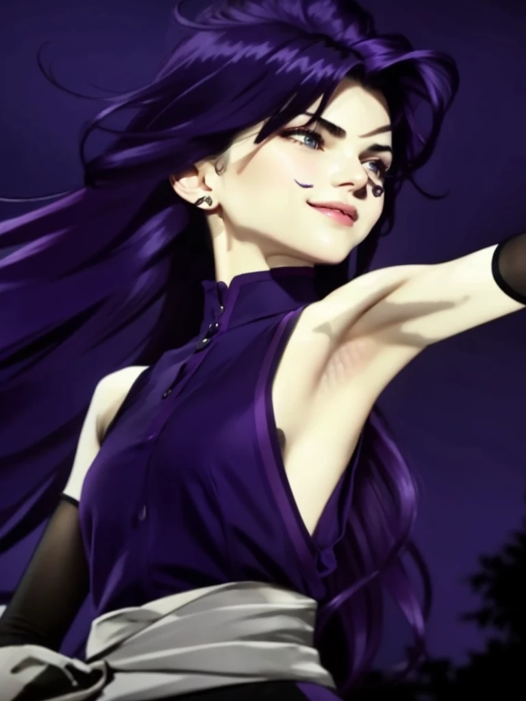 realistic, masterpiece, cinematic lighting, 8K, real life, real image details, intricate details, perfect color details, high brightness, medium contrast, hair shape details, eye image details, face shape details, real shining skin, a beautiful girl, , long purple hair, middle bangs hair type, very neat hair shape, oval face shape, face blush, thin purple eyebrows, purple eyes, pink lips, open mouth, smiling, laught, hiss, short purple collared sleeveless shirt, open buttoned shirt, sexy body, wet body, showing big chest, nipple, smooth armpits