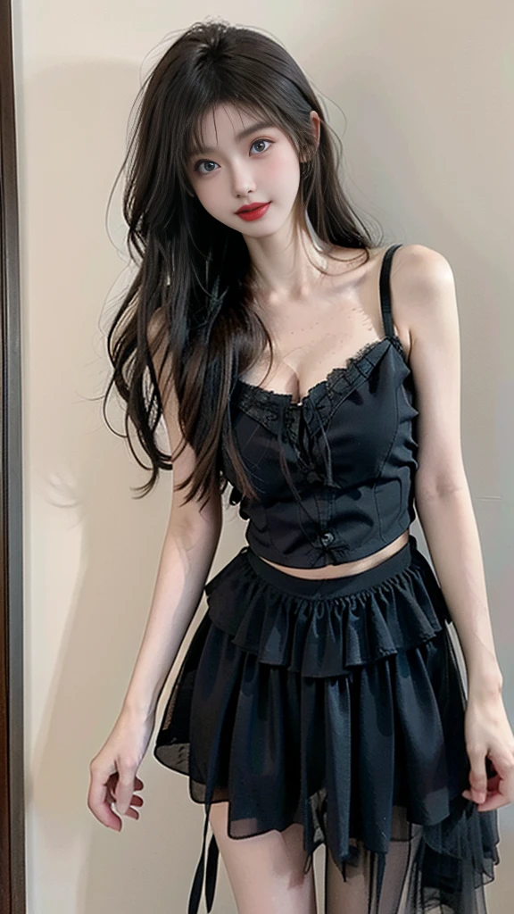 dark dress ((knee shot)), ((Shoot at random angles)), ((Visible cleavage)), ((E-cup)), ((I-type Valley)), ((Warm colors)), Long-range shooting, A beautiful woman，Elegant posture，Standing，Slender figure。Her legs are slender and straight，Cross placement，Forming a perfect diagonal composition。Head gently sideways，Long blond hair falls naturally，Gently brushing her shoulders。Soft colors，In stark contrast to her fair skin。The edge of the skirt ripples gently，As if swaying in the breeze。Her eyes were gentle，There is a faint smile on the lips。The whole picture looks very harmonious and beautiful