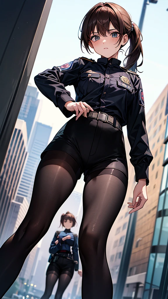 {{masterpiece}}, {{{best quality}}},{{ultra-detailed}}, {{illustration}},{{tall stature}},{{adult women}},((Black tights and shorts)),Small breasts,Slender,{{Hands on hips}},((Leggings with integrated shorts)), Female police officer　Brown hair ponytail　Place your hands on your knees　1 female,alone,　Downtown at night　long sleeve police uniform　Black pantyhose　View from below　Black Belt