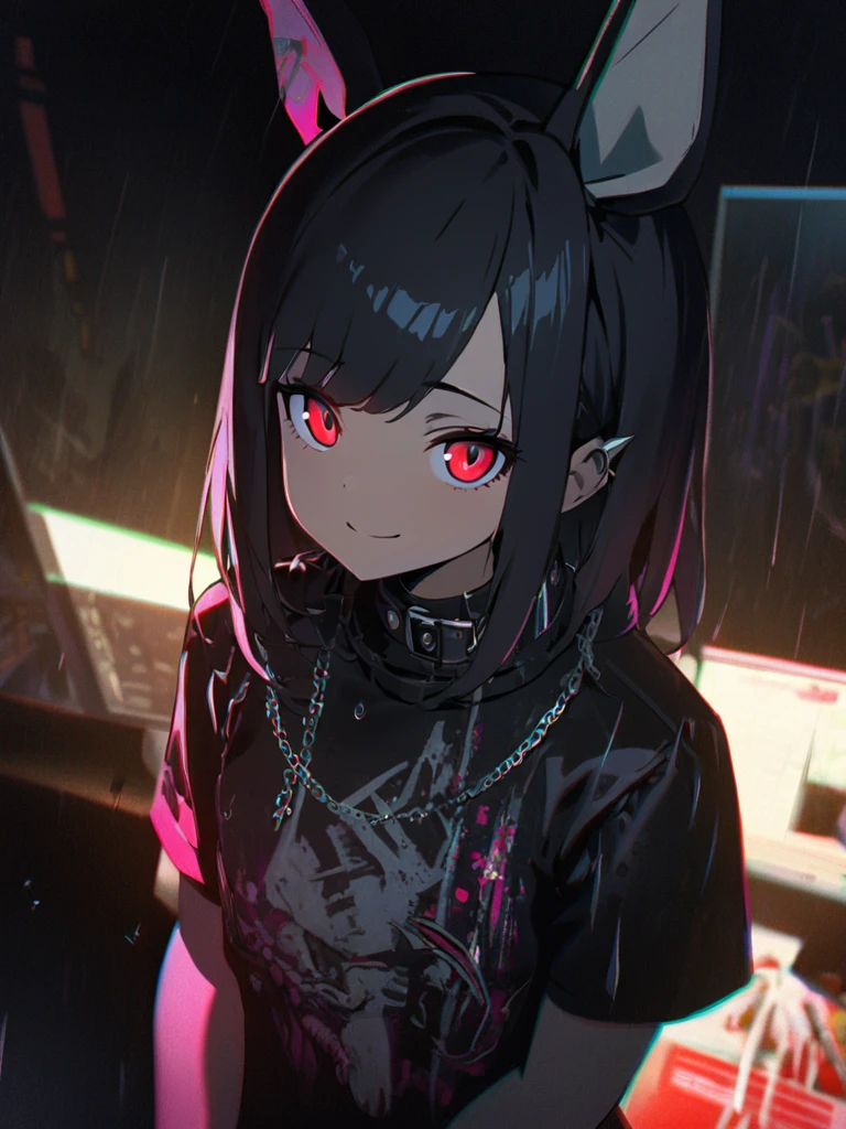 1 girl, chromatic aberration, Written boundary depth, Soft Light, masterpiece, Highest quality, complicated, Tone Mapping, Very deしっぽed, Art Station, Concept Art, Smooth, Clear focus, Dramatic lighting, Very deしっぽed artwork, movie, super practical painting, Art Station's trending, 8k, Incredible Shadows, practical, (Very deしっぽed background:1.0), whole body, View, Viewers, Very deしっぽed portrait of one girl 1, standing on street corner, Heavy rain and lightning、Dark Sky, neon and cyber punk background, she is dressed in punk clothing with silver chains and silver spikes, Her hair was dyed a bright black color.,The middle part is black,, red eyes with clear pupils, Ominous aura of light, smile, punk, ciber punk, Backlight.An announcer who is knowledgeable about horses'、Beauty