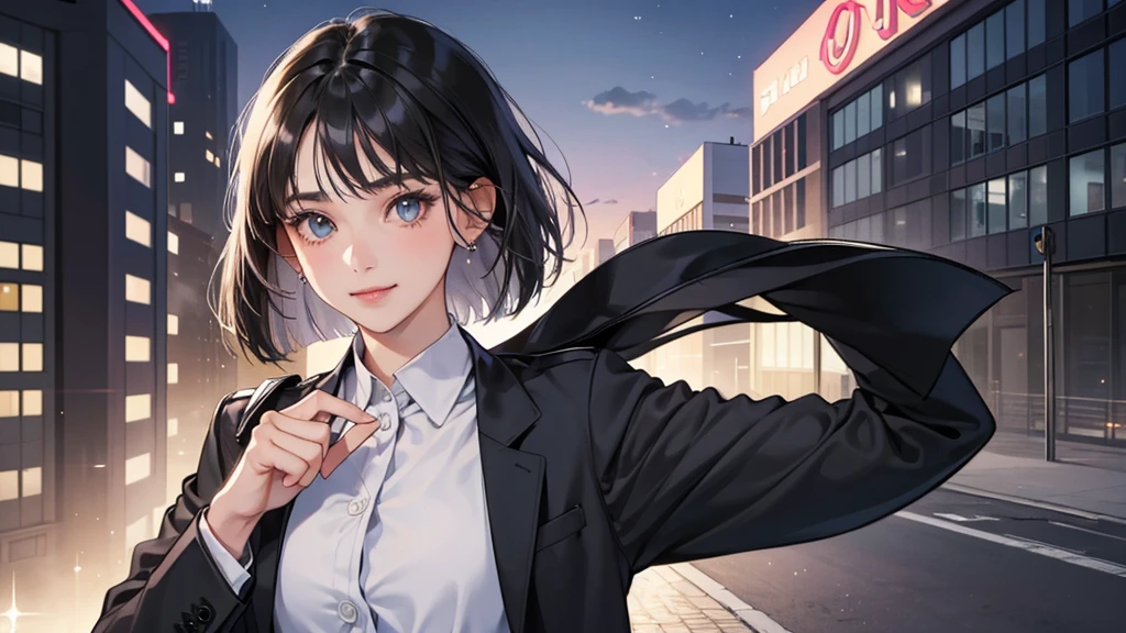 (perfect anatomy:1.2)(absurdres, highres, ultra detailed),masterpiece,best quality,high resolution,8k,Realistic face,Realistic skin texture,magnified textures, stunning clarity,detailed anime girl,(ultra detailed eyes and face),(1 girl:1.7)21years old,she is office worker,,smile:1.2,black hair, bob cut,natural make,grey jacket and pants,black brouse,,sparkling eyes.small nose,roundface、just left the office when it was time to leave,night, bussines district,she is walking,happy,she just leave her company,upper body
