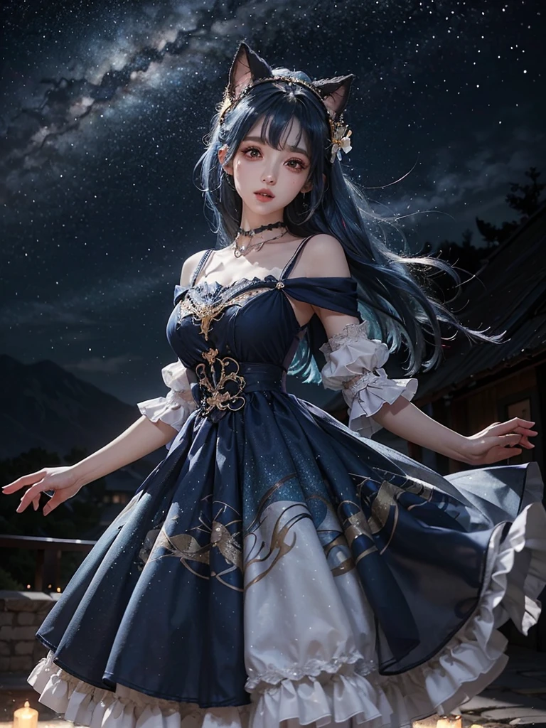 Ultra HD、A beautiful blue-haired character、Big eyes like a 、Red burning cheeks、Night scene with starry sky background、Wearing a gorgeous dress、Subtle details、A fantastic atmosphere、Anime style