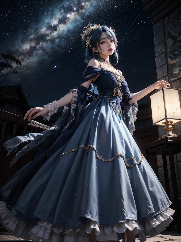 Ultra HD、A beautiful blue-haired character、Big eyes like a 、Red burning cheeks、Night scene with starry sky background、Wearing a gorgeous dress、Subtle details、A fantastic atmosphere、Anime style