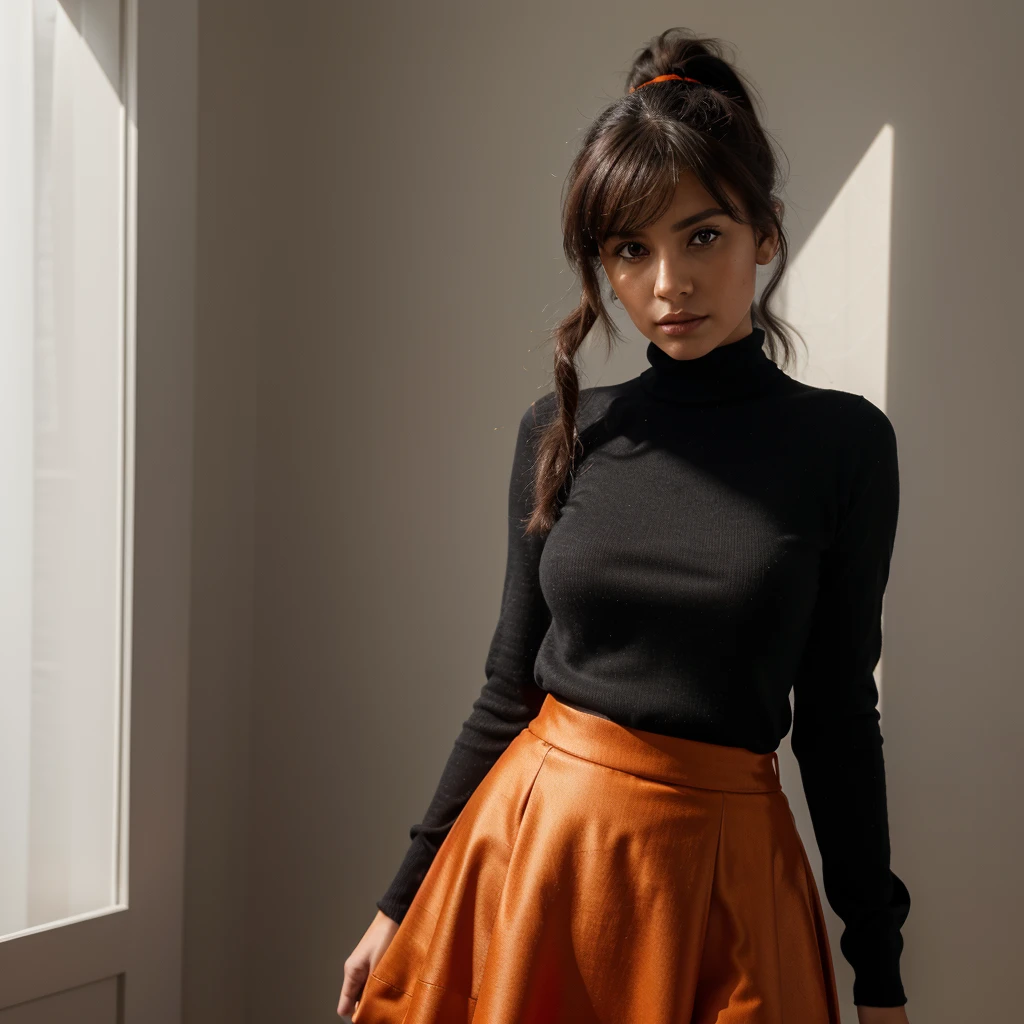 masterpiece, ((Morena Baccarin:Christine Hendricks:0.5)), Belle fille, 20 ans, (ultra realistic,32K, masterpiece:1.2),(highly detailed skin:1.1),( 8k uh, DSLR, high quality:1.1), 1fille,black har,ponytail-shaped hair, parted bangs, (jupe noire, long orange turtleneck top, manches longues:1.1) shiny skirt,,, , Masaçara, (Red lips:0.8), Huge neckline, (regarder le spectateur, debout, from the top:1.1),, (haut du corps:1.1), ,(ambient lighting:1.1), white background