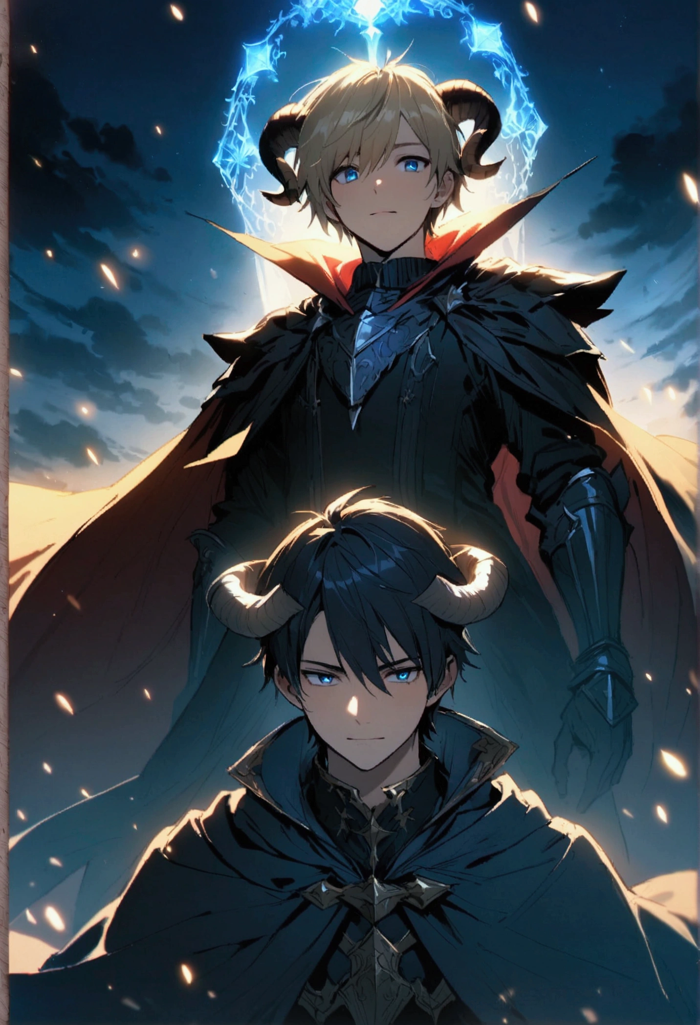 Handsome man, 2 men,Good friends、 17 years old, teenager, A demon king with ram's horns on his head、Cape,knight、 Fantasy,blue sky