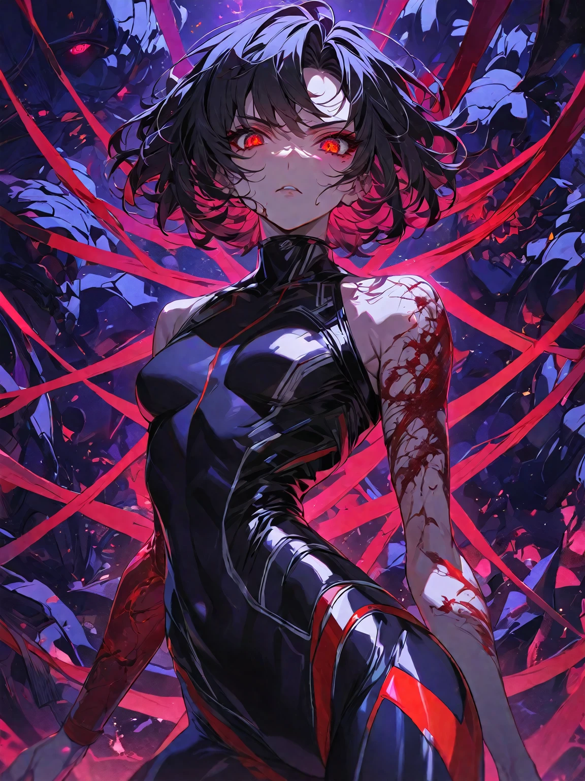 One, beautiful, 1 person, with a sporty body, V-shaped body, black-bard suit with bloody elements, red veins on the arm, bloody details, model hair, short hair, black hair, blood red eyes, neon eyes, red threads, black light