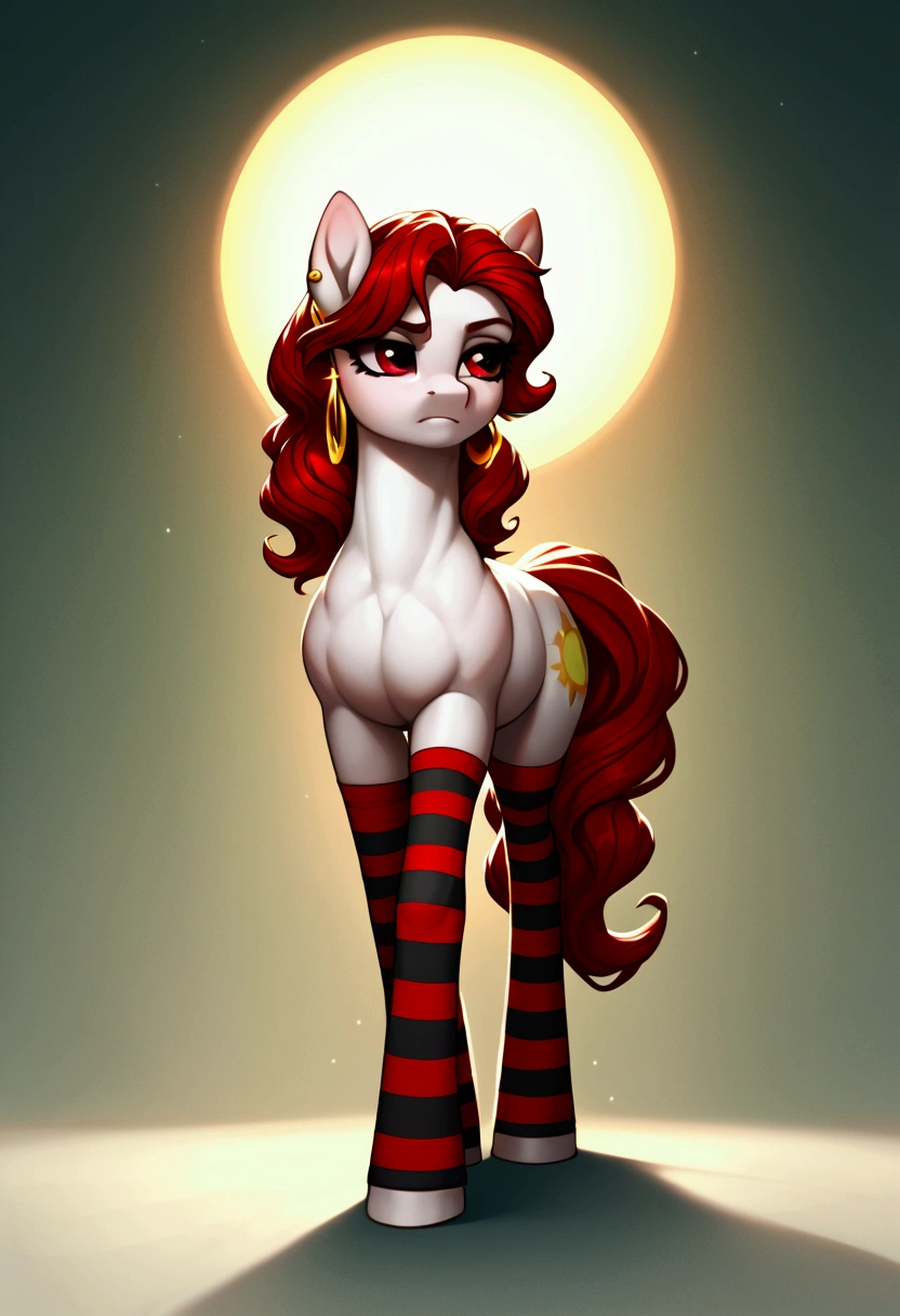 score_9,score_8_up,score_7_up,score_6_up, ((my little pony)), radiant lighting, vibrant colors, whimsical atmosphere, 8K, high resolution, highly detailed, masterpiece, behind view, white body, long red wavy hair, earrings, red eyes, stern look, black-red striped stockings  huge overfilled round breast_implant like a blimp, hyper_breast_implant Some of the biggest expanding breasts and booty in the world. Only