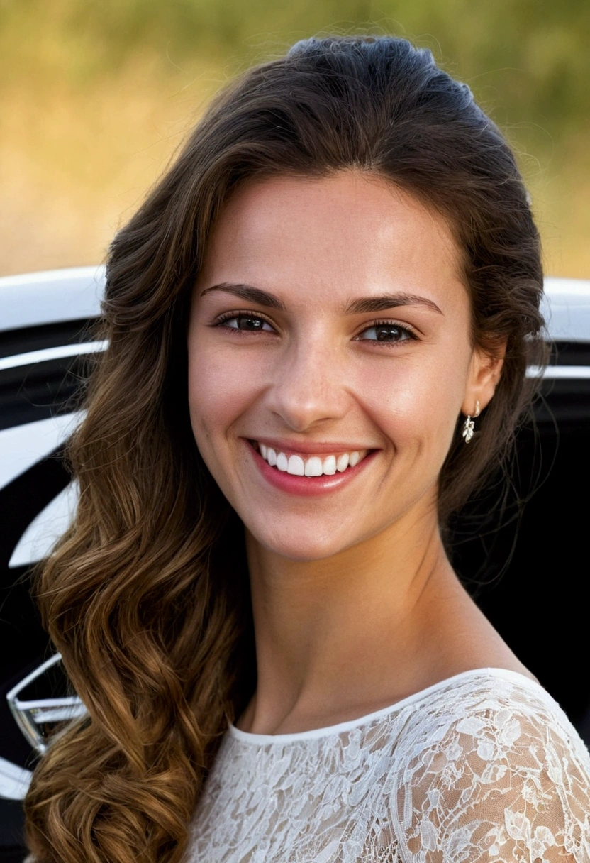 une femme bulgare de loin souriante et magnifique de 25 ans qui sort d'une audi abimée et sale. Son visage réaliste et le décor réaliste. La qualité de la photo est faible
