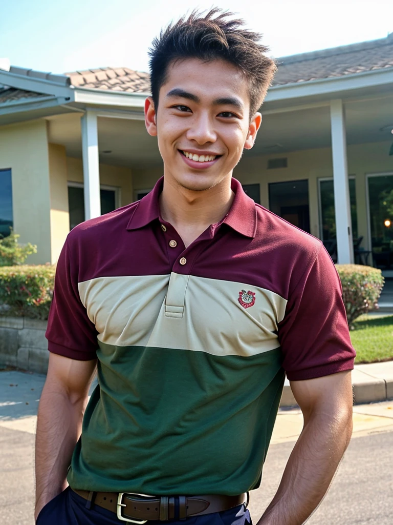 (best quality, 4K, 8k, high resolution, Masterpiece: 1.2), Special details, (realistically, As realistic as a photo, photo realistic: 1.37), Edge lighting, Extra detailed coloring, sharp focus, Physical rendering ,Extremely detailed description,professional,light color,Bokeh,Portrait,look at the viewer, Young Asian man, 20 years old ,(wearing a brown polo shirt), smile ,Wide yard