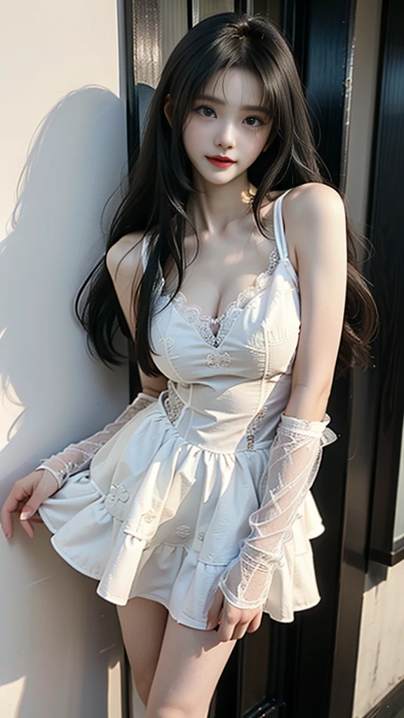 dark dress ((knee shot)), ((Shoot at random angles)), ((Visible cleavage)), ((E-cup)), ((I-type Valley)), ((Warm colors)), Long-range shooting, A beautiful woman，Elegant posture，Standing，Slender figure。Her legs are slender and straight，Cross placement，Forming a perfect diagonal composition。Head gently sideways，Long blond hair falls naturally，Gently brushing her shoulders。Soft colors，In stark contrast to her fair skin。The edge of the skirt ripples gently，As if swaying in the breeze。Her eyes were gentle，There is a faint smile on the lips。The whole picture looks very harmonious and beautiful