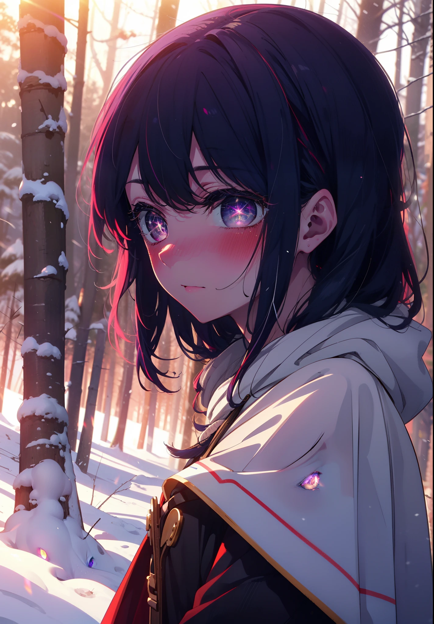 aihoshino, Ai Hoshino, Long Hair, bangs, (Purple eyes:1.1), Purple Hair, (Symbol-shaped pupil:1.5), smile,,smile,blush,white breath,
Open your mouth,snow,Ground bonfire, Outdoor, boots, snowing, From the side, wood, suitcase, Cape, Blurred, , forest, White handbag, nature, Squat, Mouth closed, Cape, winter, Written boundary depth, Black shoes, red Cape break looking at viewer, Upper Body, whole body, break Outdoor, forest, nature, break (masterpiece:1.2), Highest quality, High resolution, unity 8k wallpaper, (shape:0.8), (Beautiful and beautiful eyes:1.6), Highly detailed face, Perfect lighting, Extremely detailed CG, (Perfect hands, Perfect Anatomy),