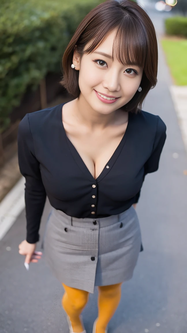 masutepiece, Best Quality, Photorealsitic, finely detail, hight resolution,beautiful japanese woman,beautiful detailed eyes, beautiful detailed lips, extremely detailed face, small head, small areola, cinematic lighting, photorealistic, 8k, high quality, hyper detailed, look at me,smile,(dress shirt),( pencil skirt:1.2),(short hair:1.2),(random outside location),(medium breasts:1.2),(inoueseika),(full body:1.3),slender,beautifull legs,(cleavage:1.3),(sexy posing),mini skirt, (bokeh:1.3) (black pantyhose:1.2)