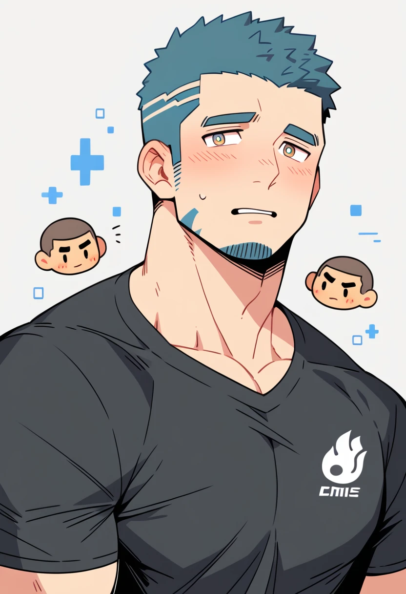 anime characters:Gyee Priapus, Muscle Sports Student, Buzz Cut, Manliness, male focus, Yellow and black long-sleeved tight T-shirt, Very tight, Regular symmetrical pattern, full and perky chest muscles, muscular male, muscular, only, Upper body, alone, Red short hair, Thick eyebrows, stubble, Brown-red pupils, White background, simple background, amazing quality, best aesthetics, Ridiculous, crew cut, parted lips, flustered, endured face, shy, blush, negative space, best quality