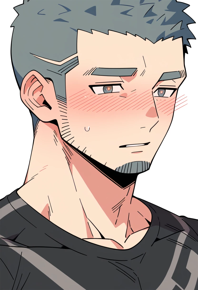 anime characters:Gyee Priapus, Muscle Sports Student, Buzz Cut, Manliness, male focus, Yellow and black long-sleeved tight T-shirt, Very tight, Regular symmetrical pattern, full and perky chest muscles, muscular male, muscular, only, Upper body, alone, Red short hair, Thick eyebrows, stubble, Brown-red pupils, White background, simple background, amazing quality, best aesthetics, Ridiculous, crew cut, parted lips, flustered, endured face, shy, blush, negative space, best quality