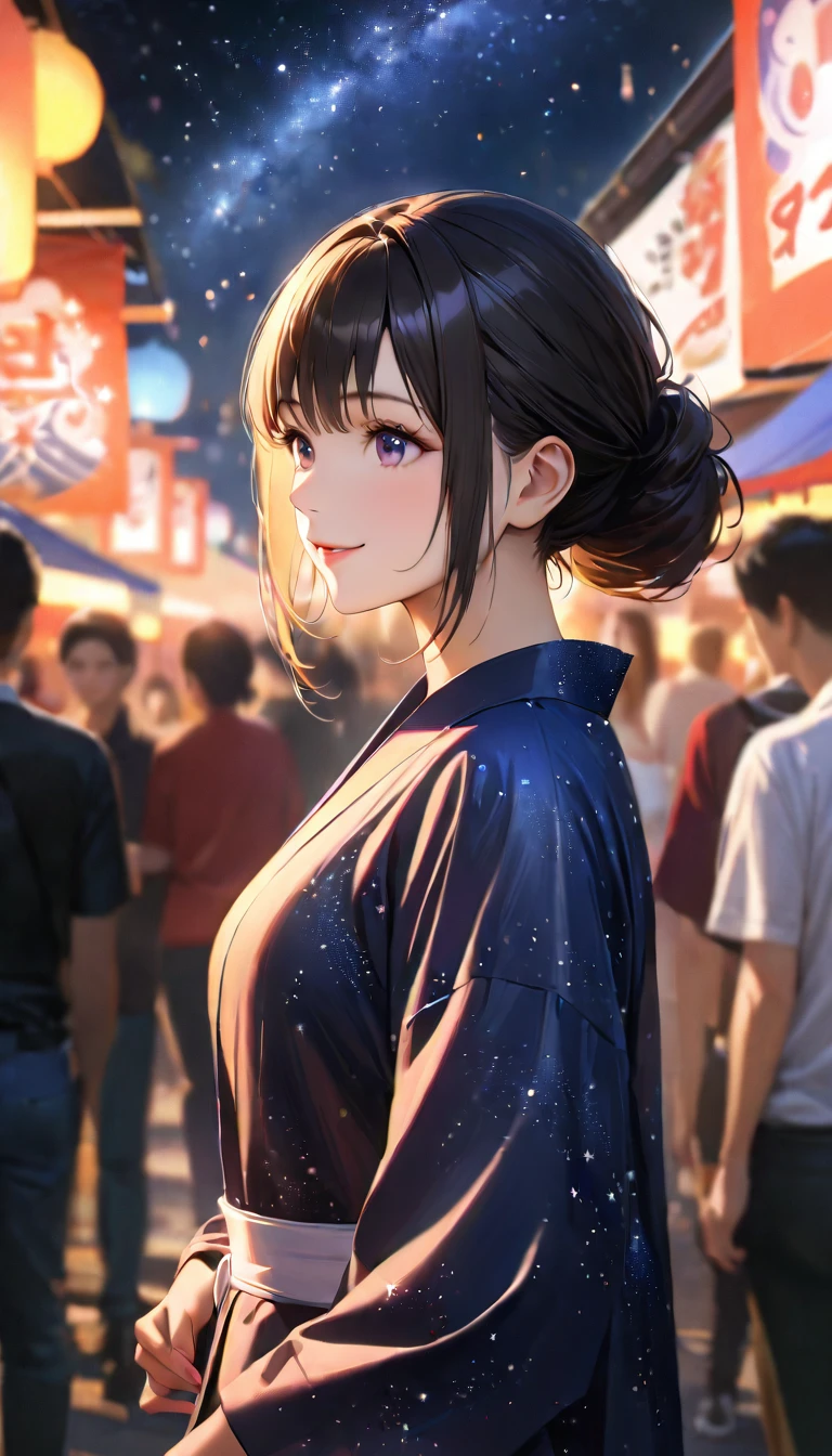 Young woman enjoying the summer festival,night, Starry Sky,Cute Yukata,Gazing at the sky,Blur the background,high school girl,smile,Highest quality, 8k, High resolution, masterpiece:1.2, Very detailed, Realistic:1.37, High resolution, 超High resolution, Ultra-fine painting, Very detailed, Professional, Vibrant colors