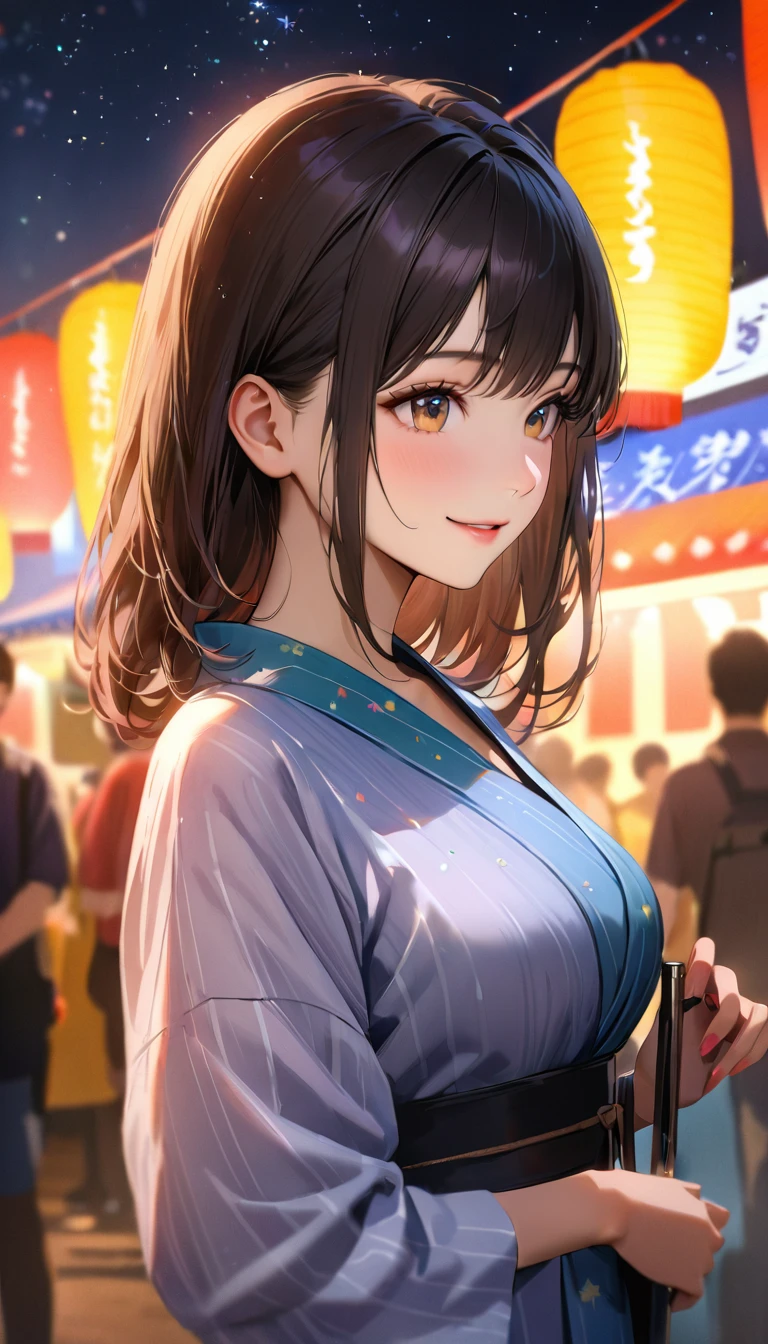 Young woman enjoying the summer festival,night, Starry Sky,Cute Yukata,Gazing at the sky,Blur the background,high school girl,smile,Highest quality, 8k, High resolution, masterpiece:1.2, Very detailed, Realistic:1.37, High resolution, 超High resolution, Ultra-fine painting, Very detailed, Professional, Vibrant colors