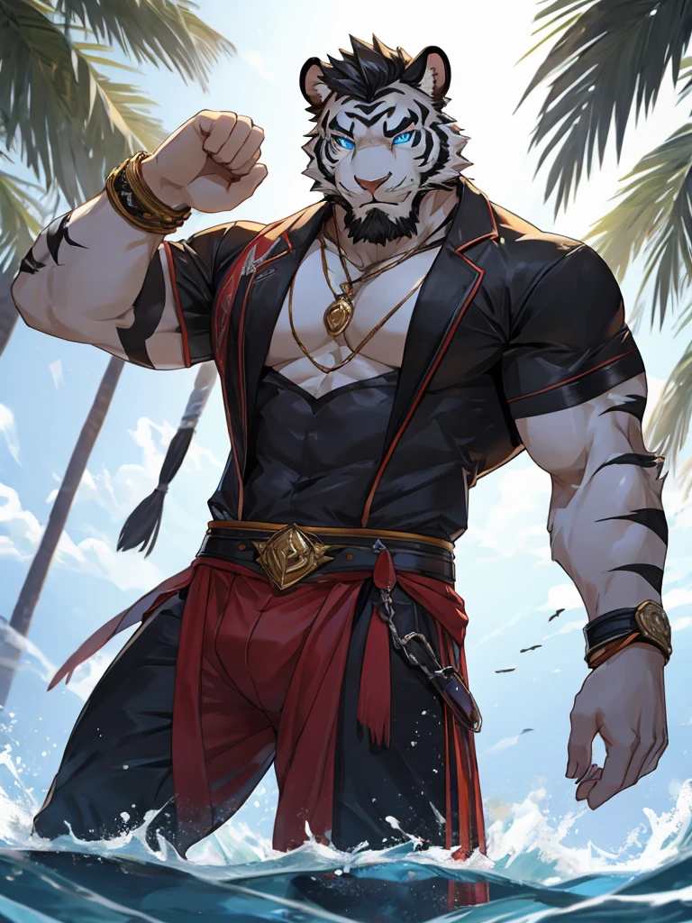 Masterpiece, Solo, Furry Black White Tiger, Blue Eyes, Medium Black Hair, Medium Black Facial Hair, Muscular Body, Cool Pose, Handsome, Good Looking, Adult, Fierce, Smirking, Summer outfit, summer background.