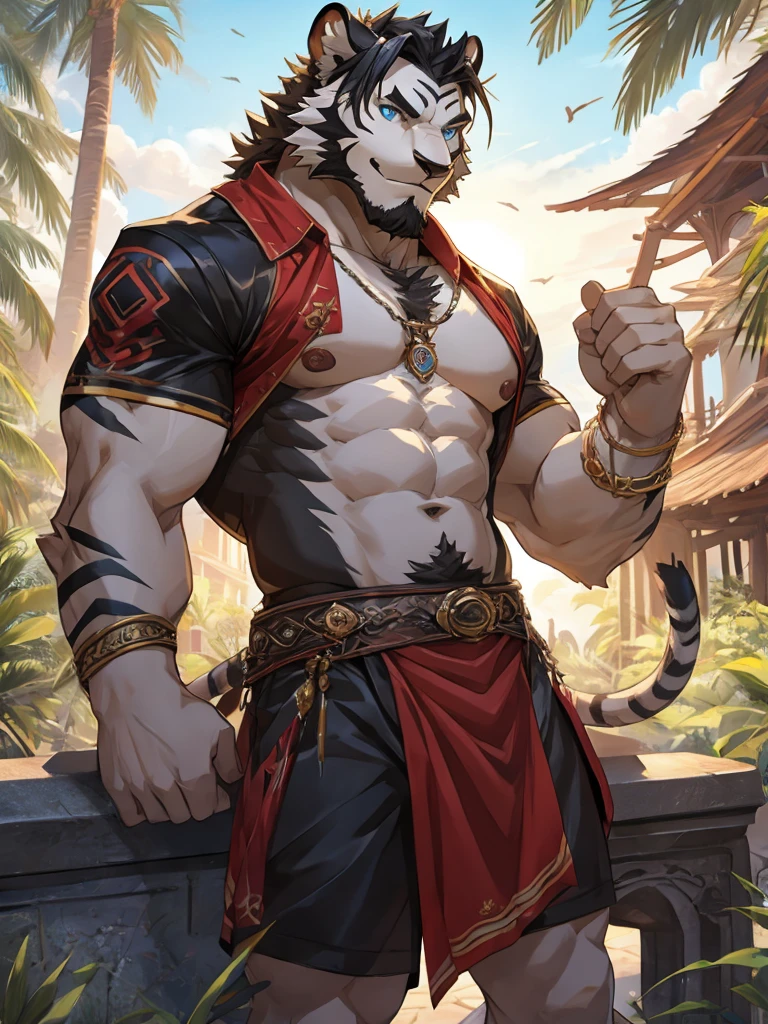 Masterpiece, Solo, Furry Black White Tiger, Blue Eyes, Medium Black Hair, Medium Black Facial Hair, Muscular Body, Cool Pose, Handsome, Good Looking, Adult, Fierce, Smirking, Summer outfit, summer background.