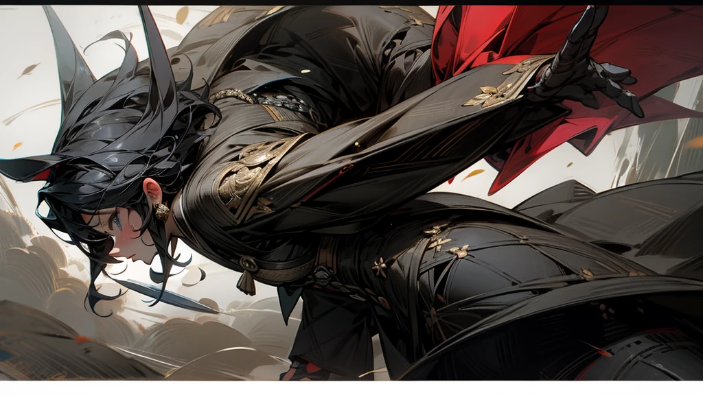 masterpiece,Highest quality,Ultra-fine illustrations,Very detailed,Beautiful background,Perfect Face,Perfect hands,Dynamic Angle,Ink painting style,ass pov,Dynamic Scene,kimono,knife,short hair,rain,battlefield,Beautiful background,Fearless Smile,Ii Slash


