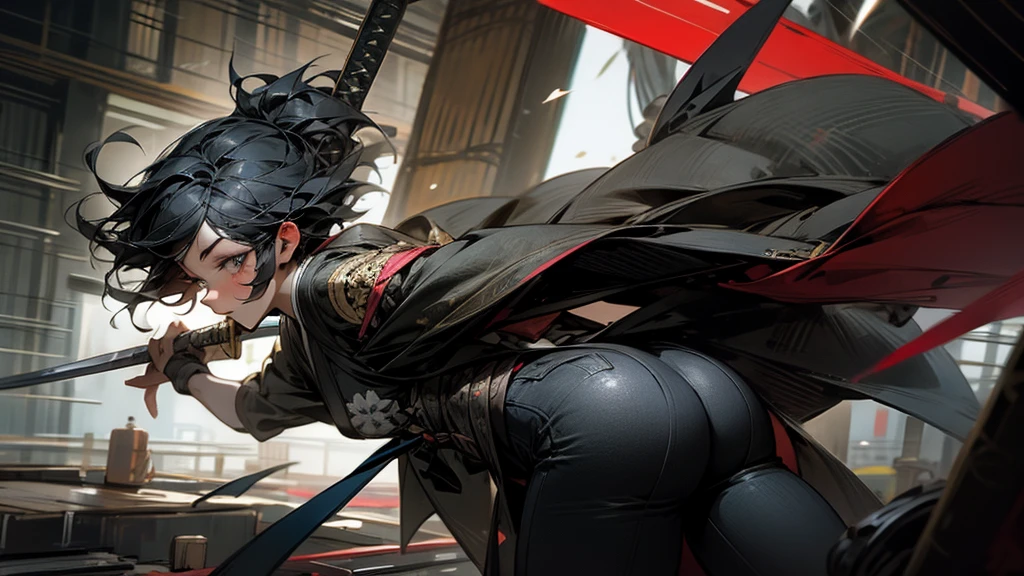 masterpiece,Highest quality,Ultra-fine illustrations,Very detailed,Beautiful background,Perfect Face,Perfect hands,Dynamic Angle,Ink painting style,ass pov,Dynamic Scene,kimono,knife,short hair,rain,battlefield,Beautiful background,Fearless Smile,Ii Slash


