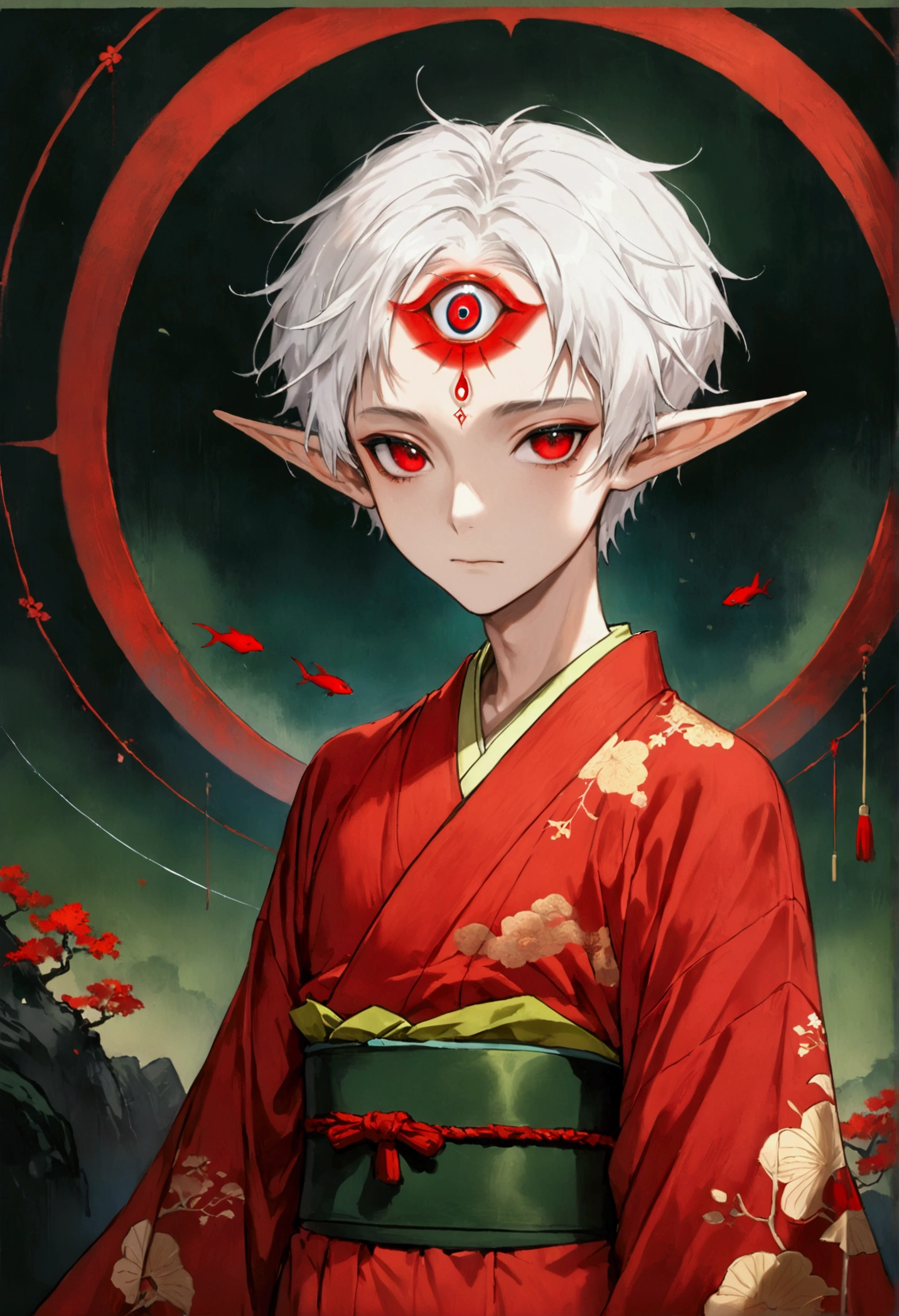 (((1 Boy，独奏，third eye on the forehead，Dark eyeshadow.Middle-parted white hair-super short hair，Elf ears))),(((Gorgeous Japanese red kimono：1.6，Eye Diagram，Dark Pattern))).(((Thin waist，Greenbelt：1.37)))