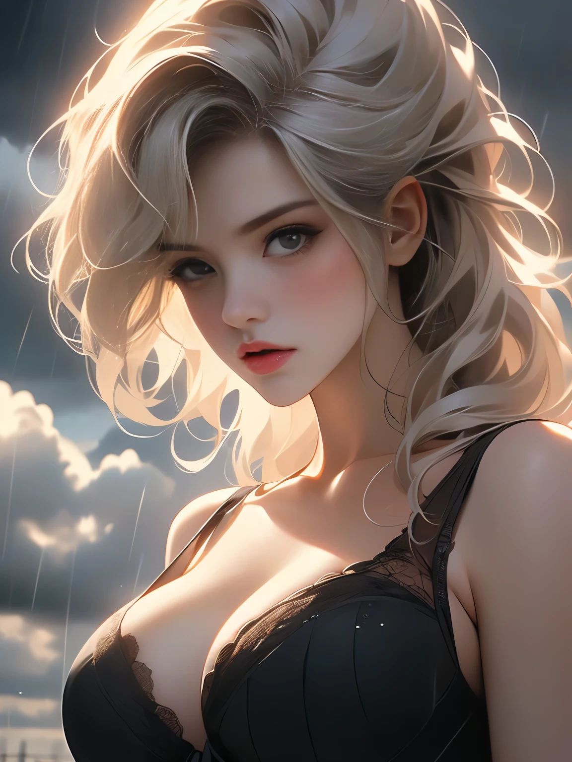 ((extreme big closeup on the large breast. Cleavage.)). An ultra hot gorgeous European woman.age 23.blonde hair. Black Sheer lace half cup bra.outside. Heavy rain day dramatic light. ((Black storm clouds).