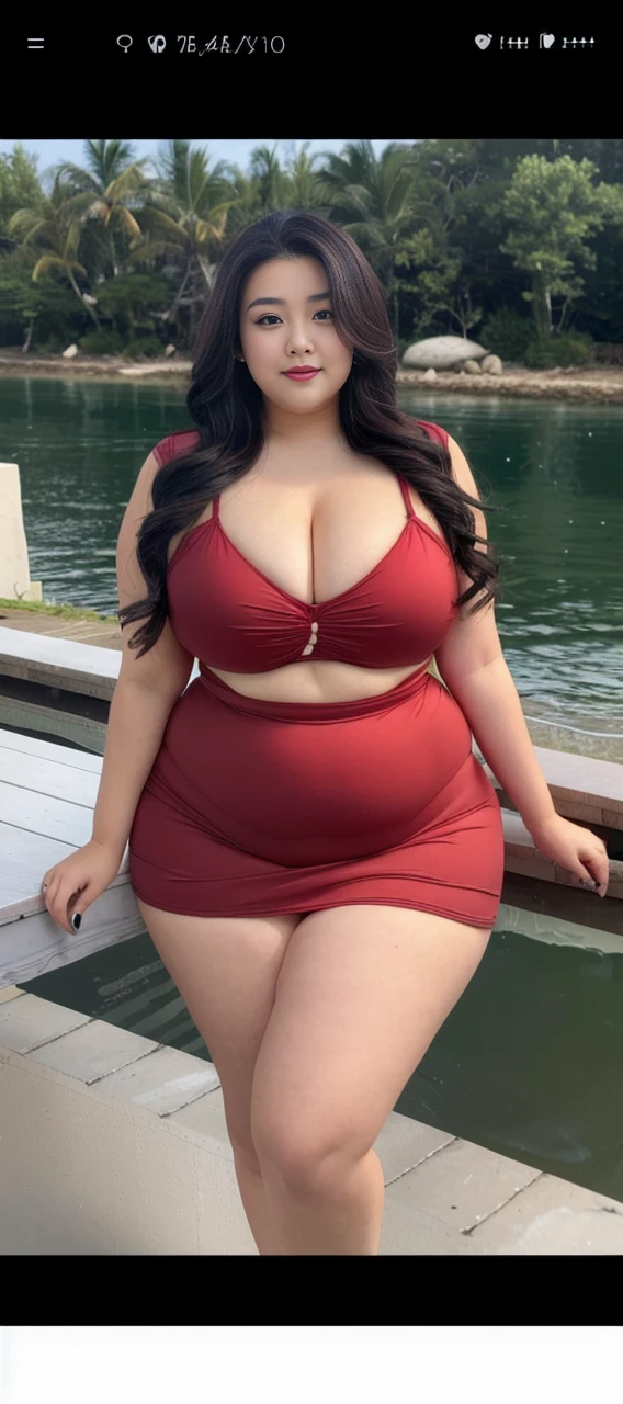 ((best quality)), ((masterpiece)), (detailed), perfect face, araffeTight skirtsShort , thicc, wavy short hair, she has a jiggly fat round belly, bbwchan, wearing tight simple clothes, skinny waist and thick hips, widest hips, her belly is fat and round, soft curvy shape, hyperrealistic full figure, wearing a cute top, wide hips, Blue swimsuit,On the beach by the seaBlue